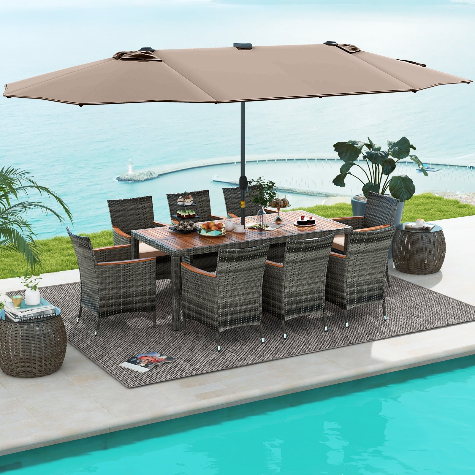 11 Pieces Patio Dining Set with 15 Feet Double-Sided Patio Umbrella Base Included, Tan Patio Dining Sets   at Gallery Canada