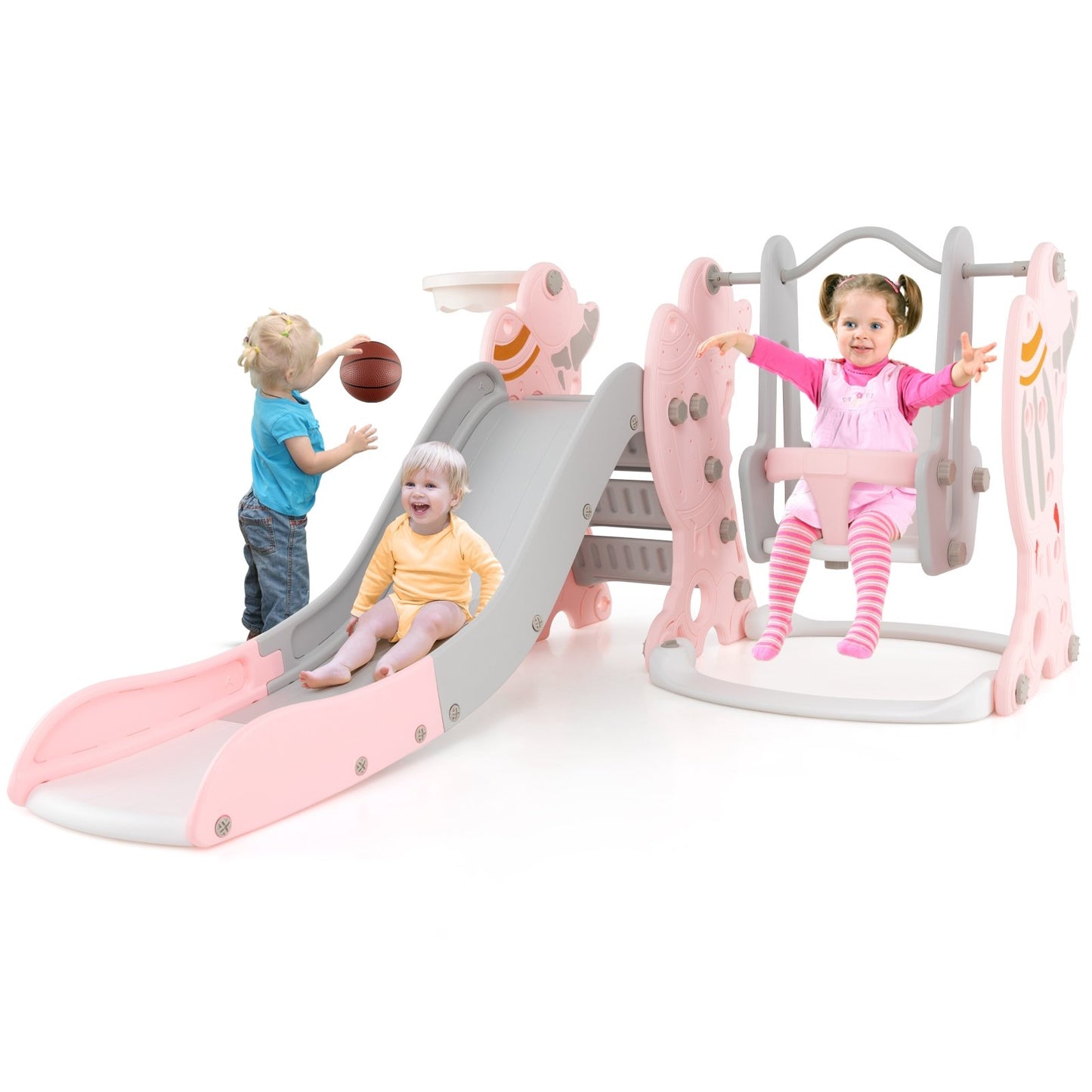 4-in-1 Kids Slide and Swing Set with Basketball Hoop, Pink Climbers & Slides   at Gallery Canada