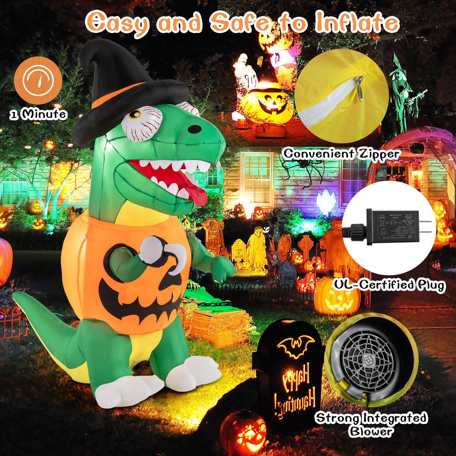 Blow up Inflatable Pumpkin Dinosaur Yard Decoration with Built-in LED Lights Halloween   at Gallery Canada