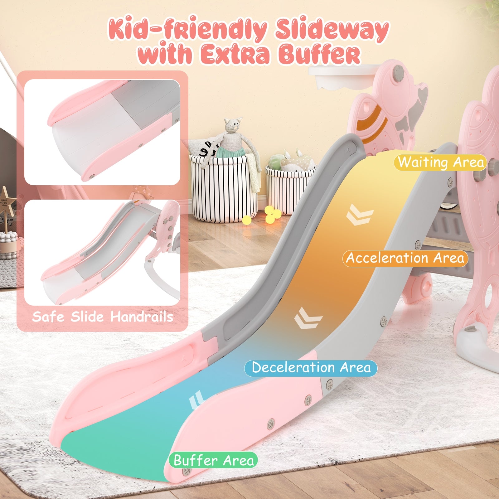 4-in-1 Kids Slide and Swing Set with Basketball Hoop, Pink Climbers & Slides   at Gallery Canada