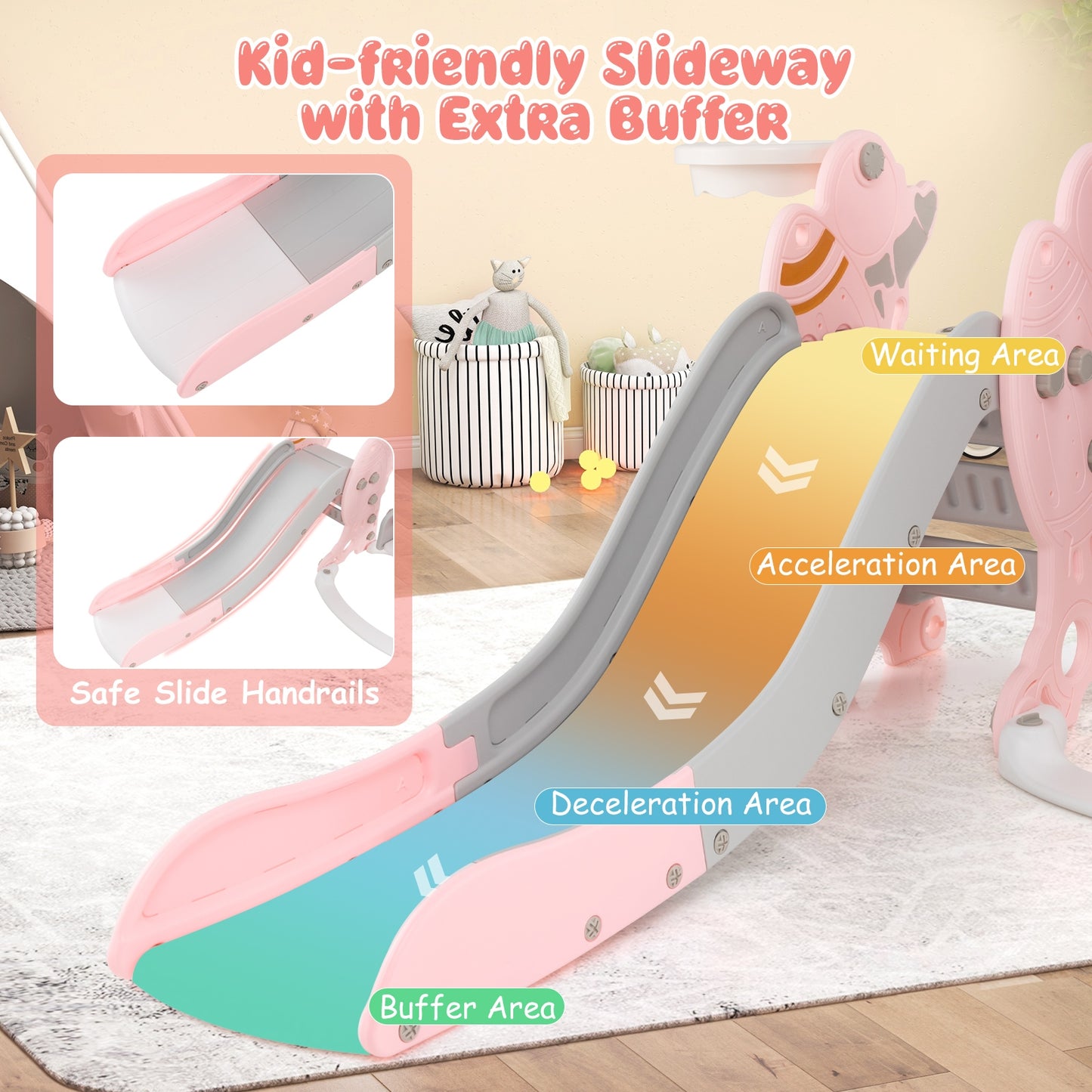 4-in-1 Kids Slide and Swing Set with Basketball Hoop, Pink Climbers & Slides   at Gallery Canada