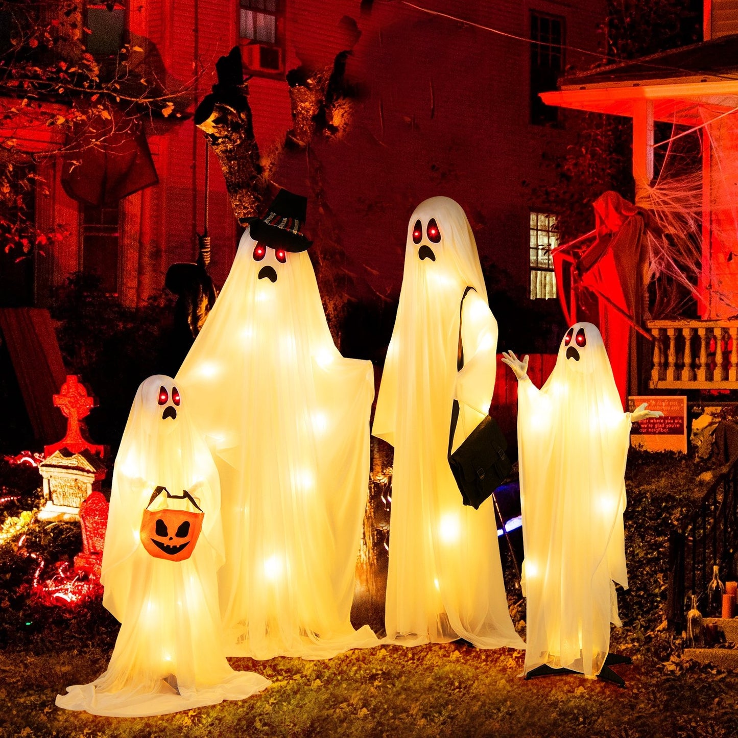 4 PCS Halloween Light up White Cloth Ghost Family with Red and Warm White LED Lights, White Halloween   at Gallery Canada