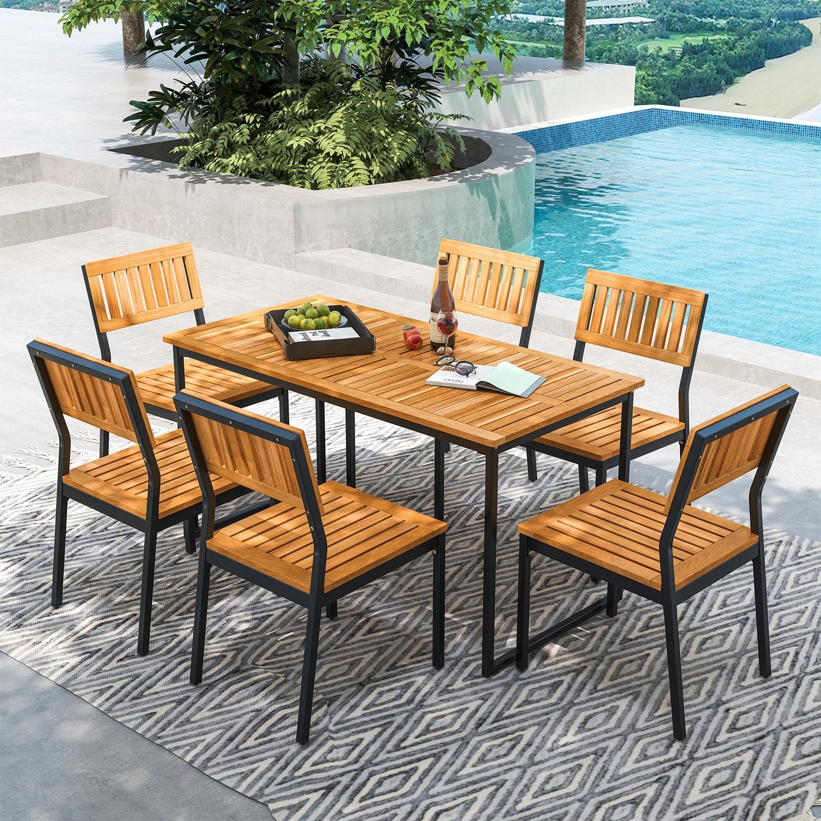 Acacia Wood Dining Table for 6 People with Slatted Tabletop and Umbrella Hole, Natural Dining Tables   at Gallery Canada