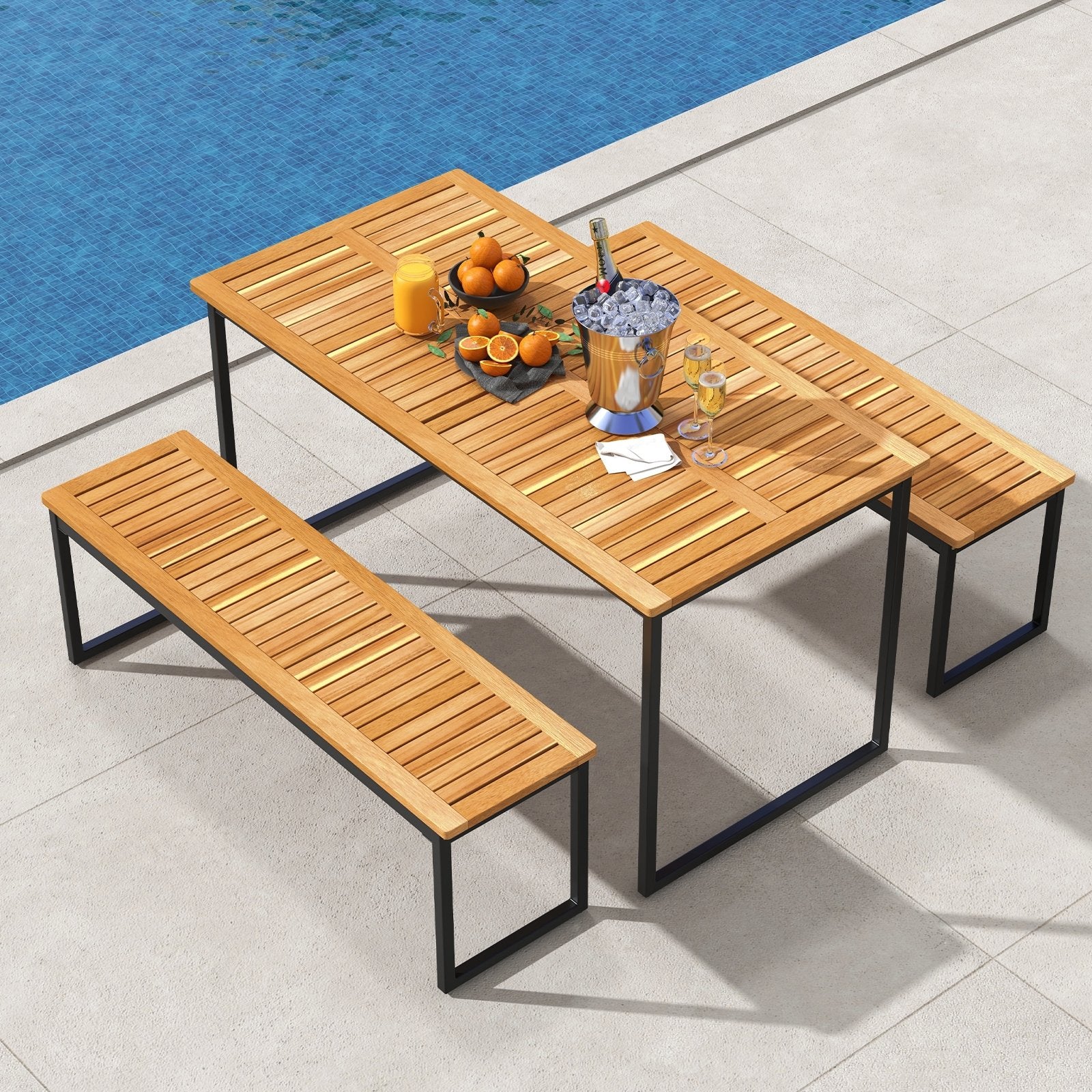 Acacia Wood Dining Table for 6 People with Slatted Tabletop and Umbrella Hole, Natural Dining Tables   at Gallery Canada