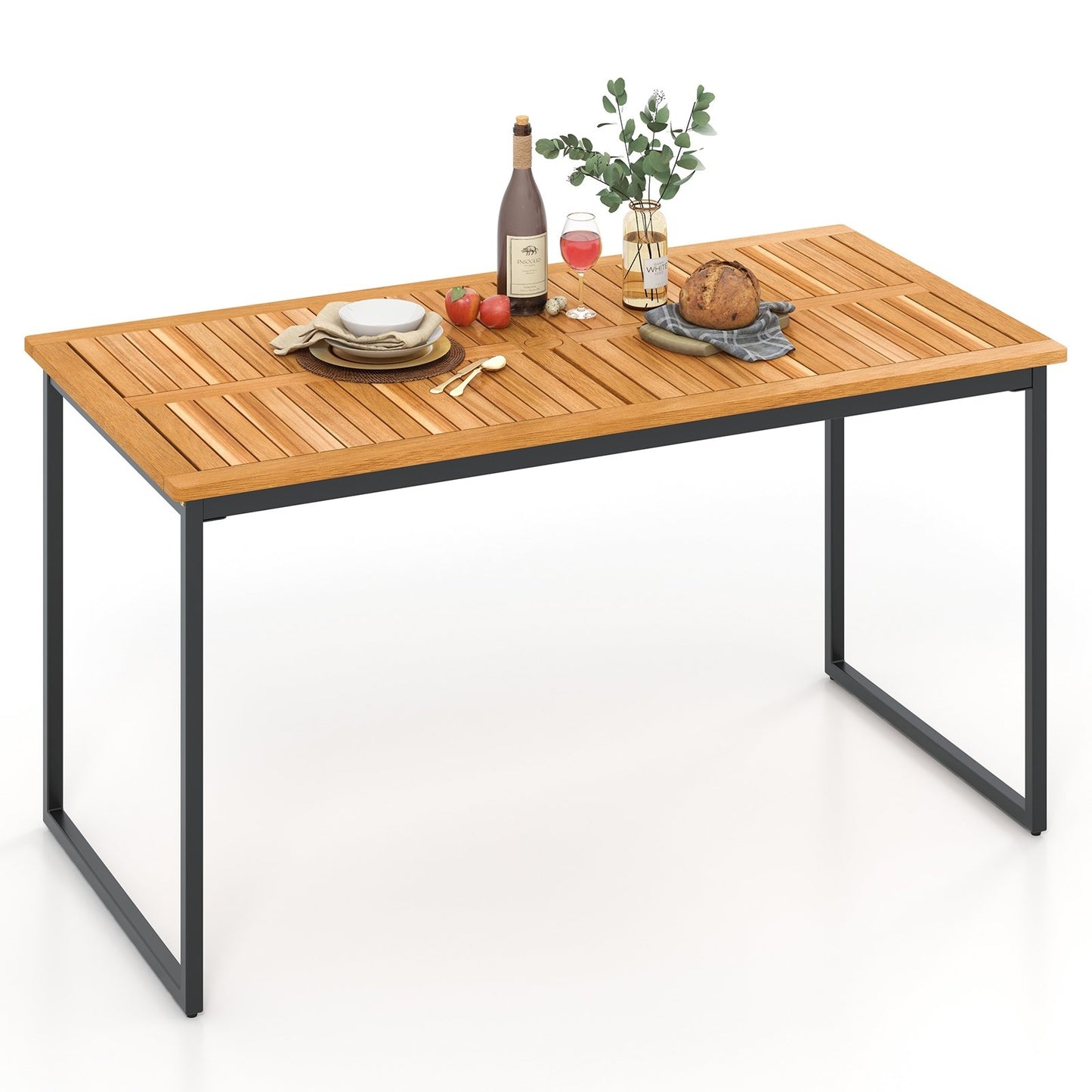 Acacia Wood Dining Table for 6 People with Slatted Tabletop and Umbrella Hole, Natural Dining Tables Natural  at Gallery Canada