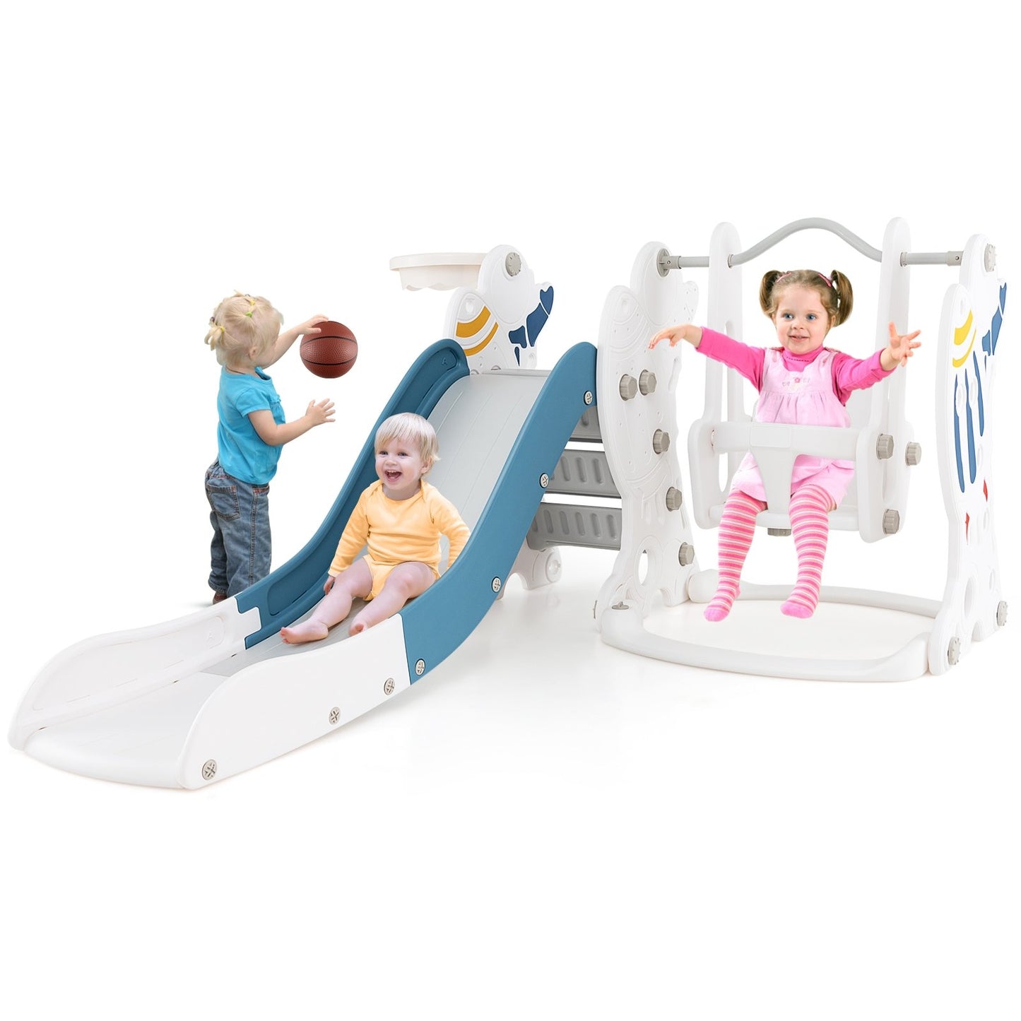 4-in-1 Kids Slide and Swing Set with Basketball Hoop, Blue Climbers & Slides   at Gallery Canada