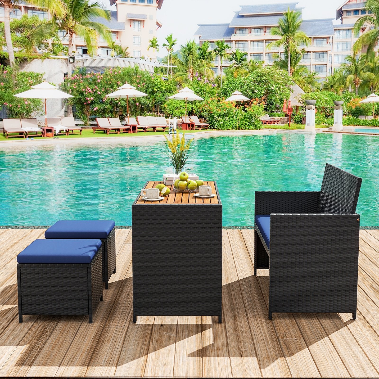 4 Piece Outdoor Dining Set with Wood Topped Dining Table  Rattan Loveseat Chair and 2 Ottomans, Navy Patio Conversation Sets   at Gallery Canada