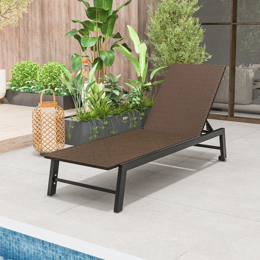 PE Wicker Patio Chaise Lounge Chair with Wheels for Poolside Backyard and Deck, Brown Outdoor Chaise Lounges Brown  at Gallery Canada