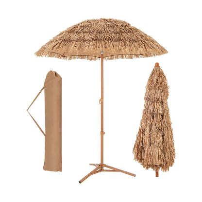 6.5 Feet Thatched Tiki Umbrella with Foldable Stand Push Button Tilt, Natural Outdoor Umbrellas Natural  at Gallery Canada