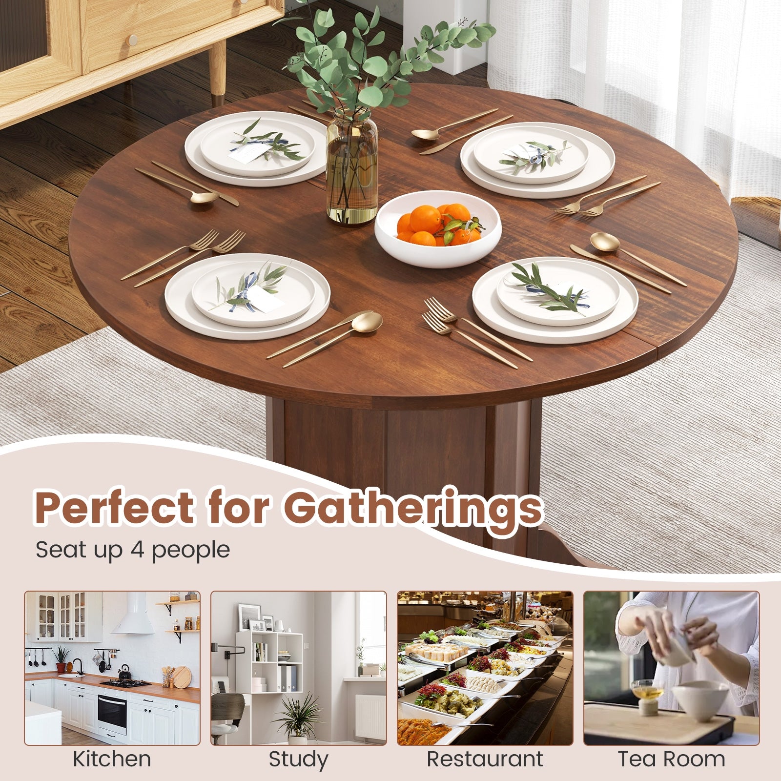 Round Dining Table with Pedestal Base for 4-6 People, Walnut Dining Tables   at Gallery Canada