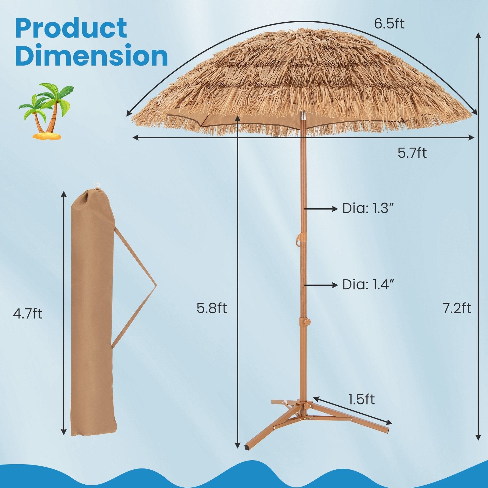 6.5 Feet Thatched Tiki Umbrella with Foldable Stand Push Button Tilt, Natural Outdoor Umbrellas   at Gallery Canada