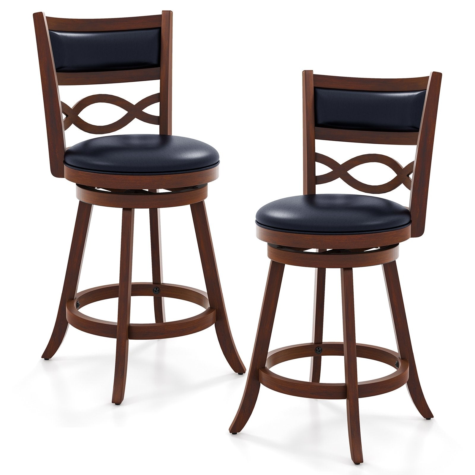 Bar Stools Set of 2 with Rubber Wood Frame and Faux Leather Upholstered Seat-24 Inch, Black & Brown Bar Stools Set of 2, 24