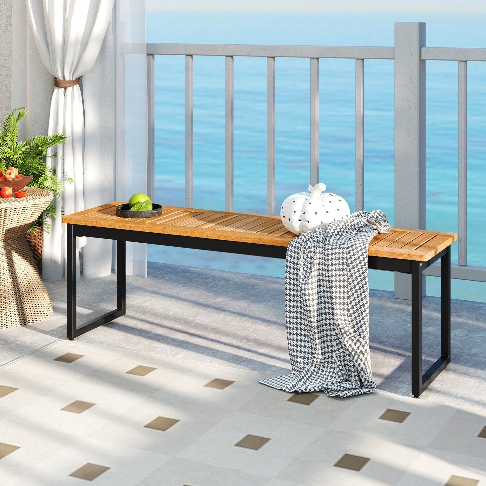 Patio Dining Bench Backless with Slatted Seat and Metal Legs, Natural Outdoor Benches   at Gallery Canada