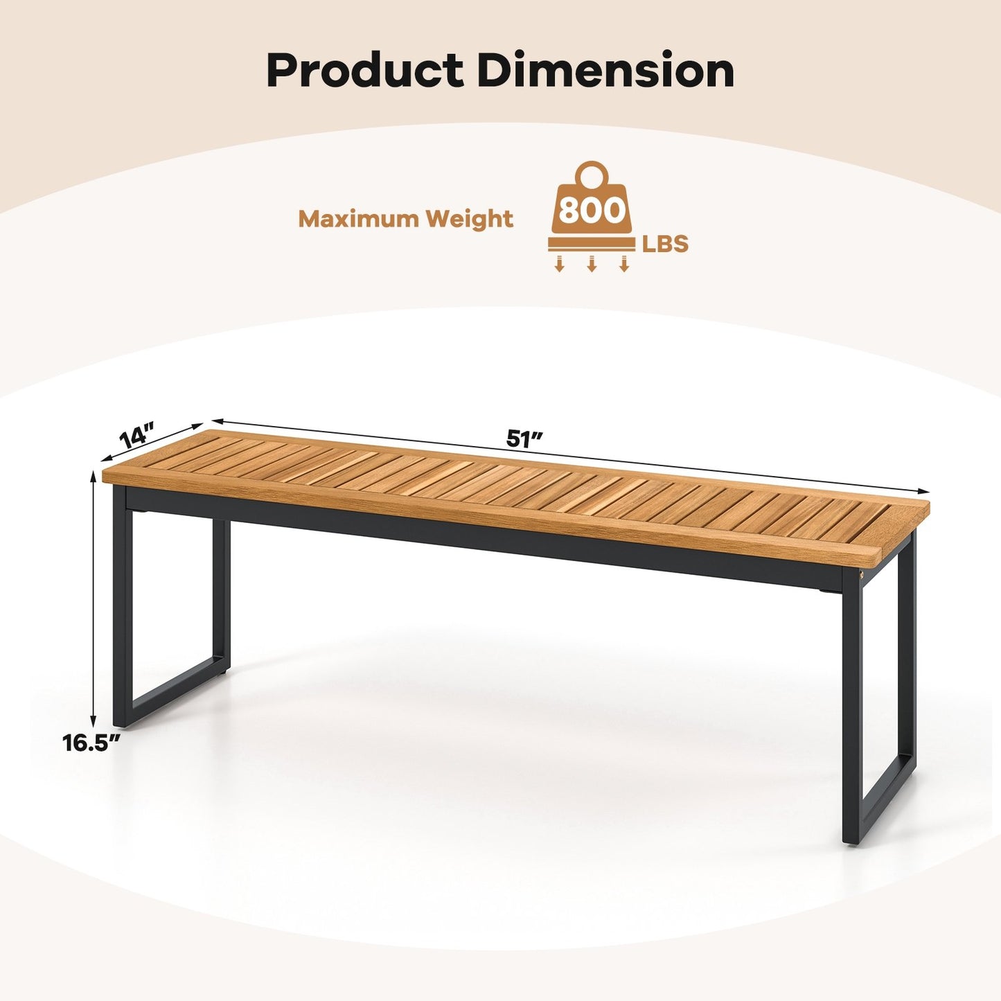 Patio Dining Bench Backless with Slatted Seat and Metal Legs, Natural Outdoor Benches   at Gallery Canada