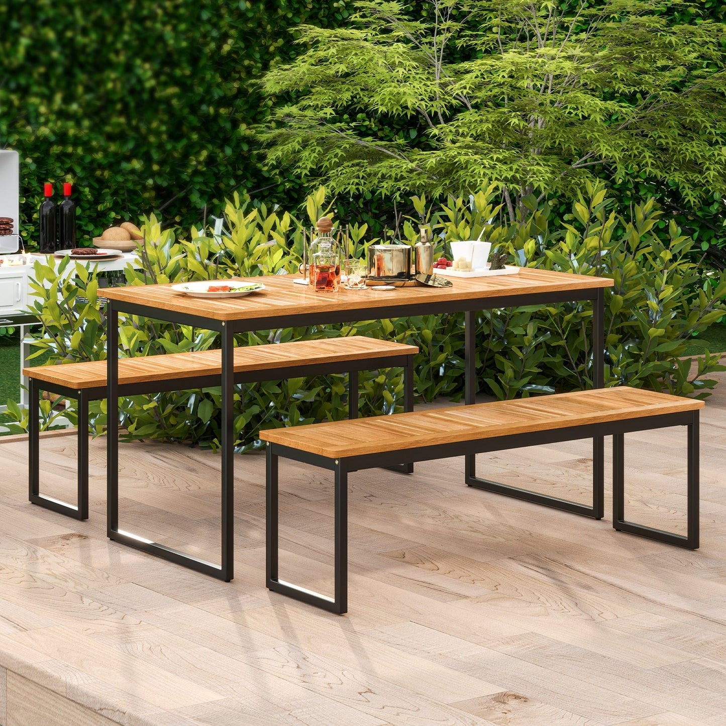 Patio Dining Bench Backless with Slatted Seat and Metal Legs, Natural Outdoor Benches   at Gallery Canada