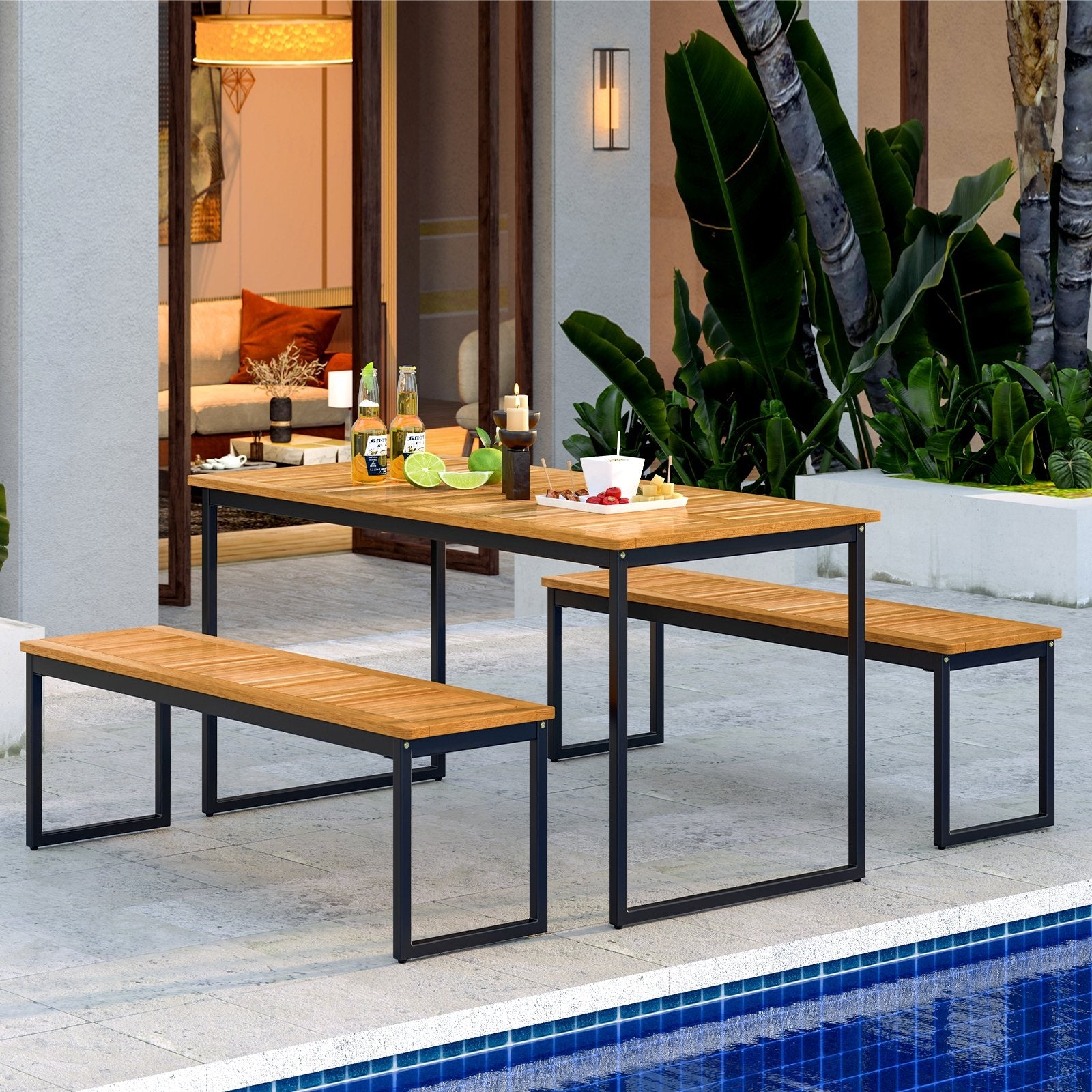 Patio Dining Bench Backless with Slatted Seat and Metal Legs, Natural Outdoor Benches   at Gallery Canada