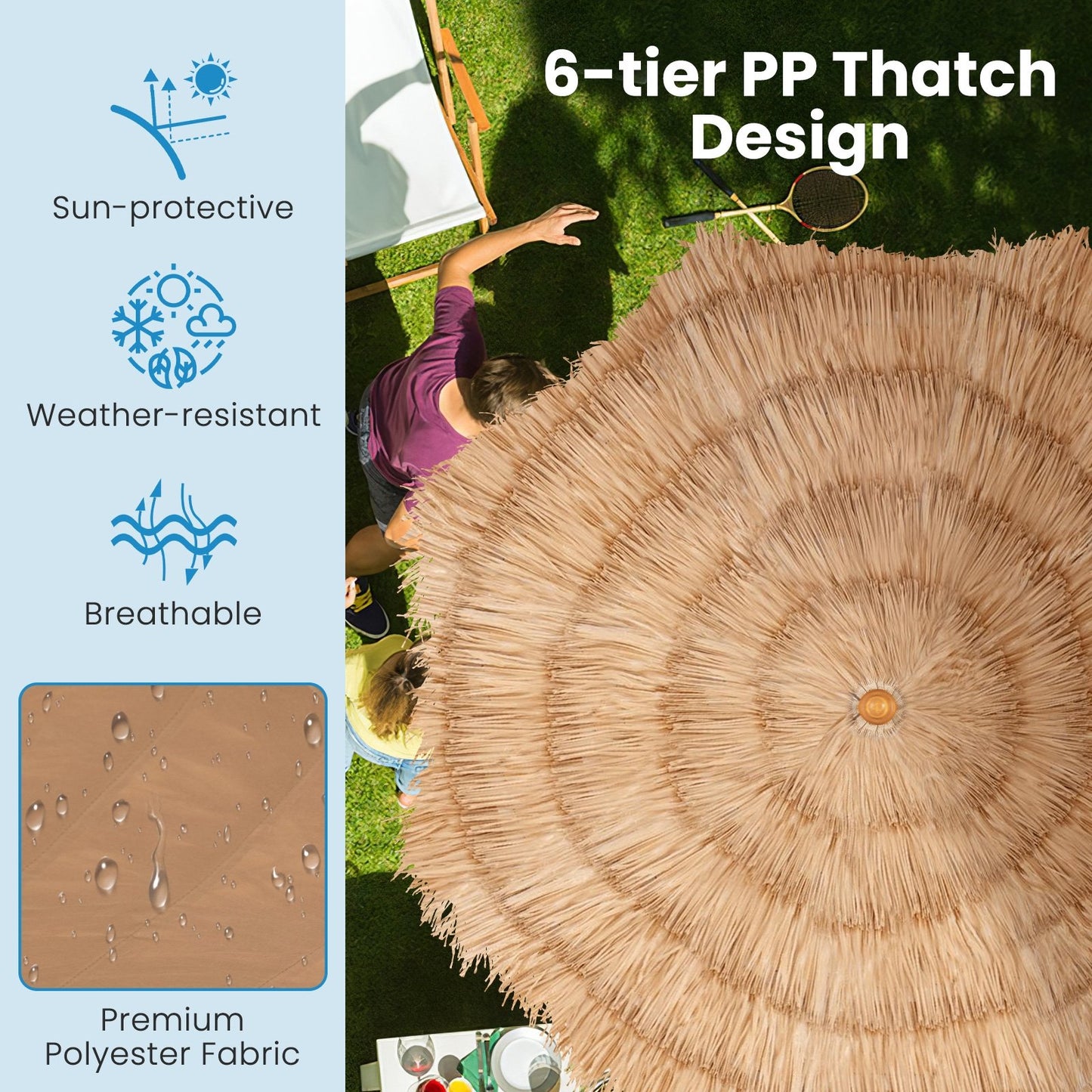 6.5 Feet Thatched Tiki Umbrella with Foldable Stand Push Button Tilt, Natural Outdoor Umbrellas   at Gallery Canada