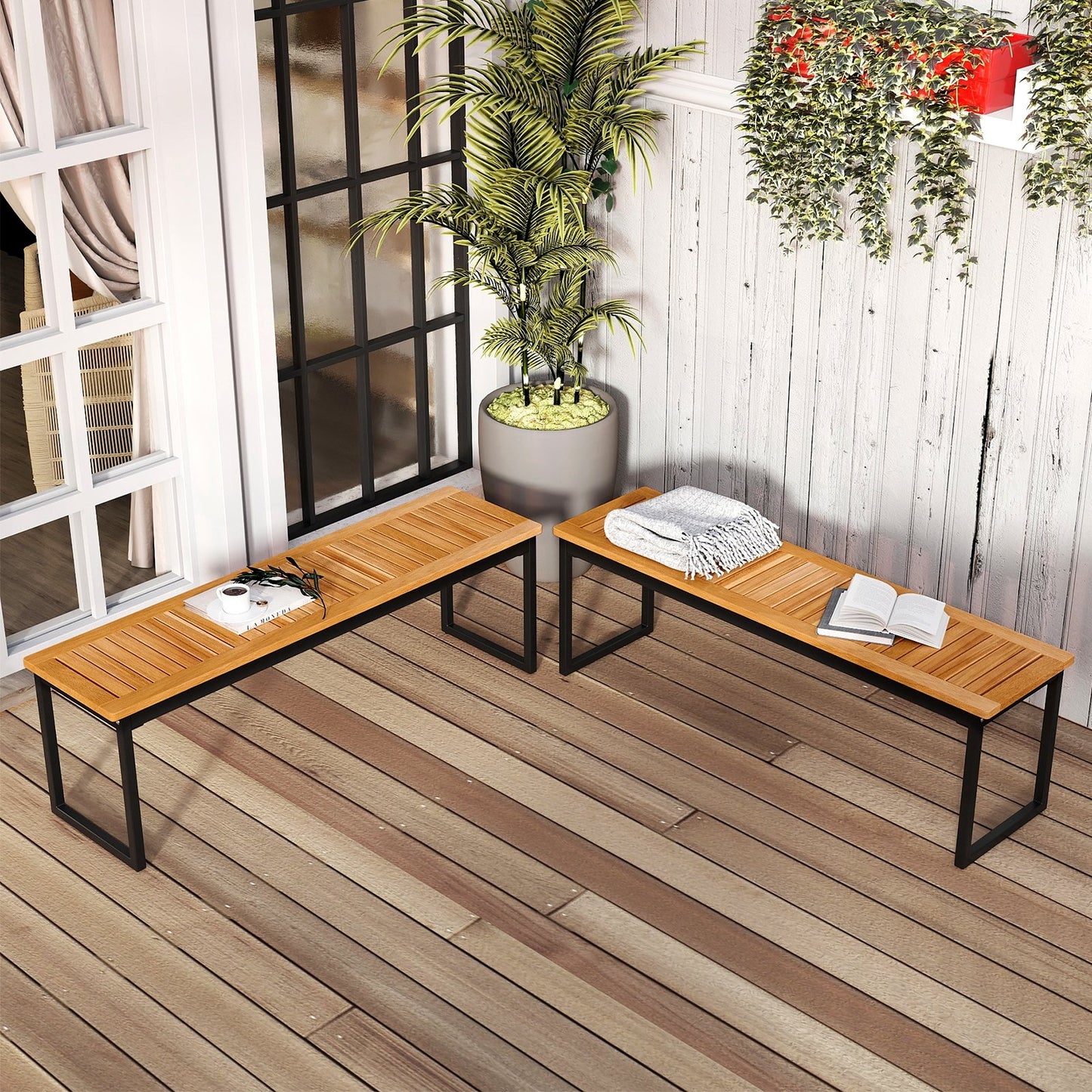 Set of 2 Patio Dining Bench for 2-3 Person Indoor Outdoor, Natural