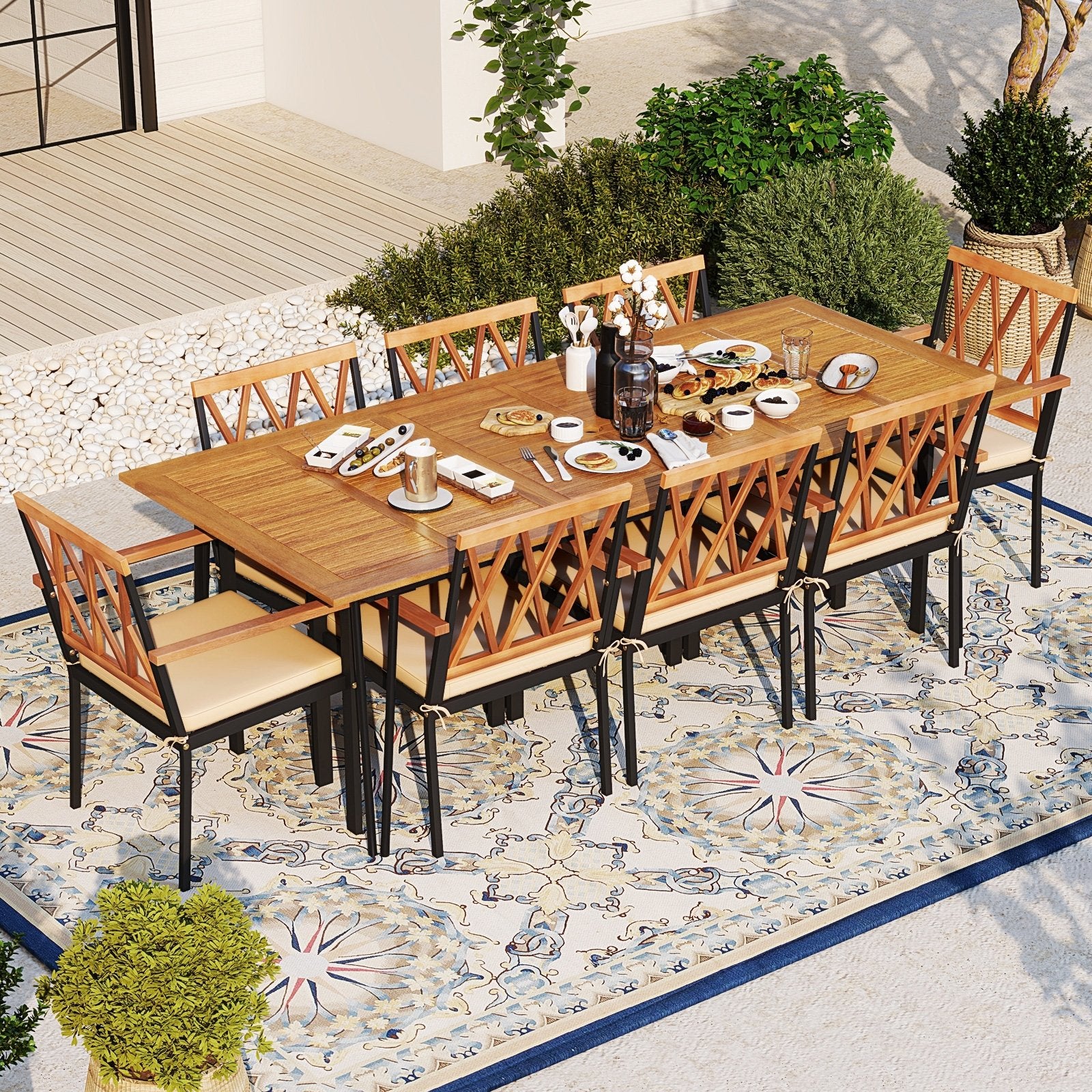 Acacia Wood Outdoor Furniture Set 9 Pieces Patio Dining Set with 8 Chairs, Natural Patio Dining Sets   at Gallery Canada