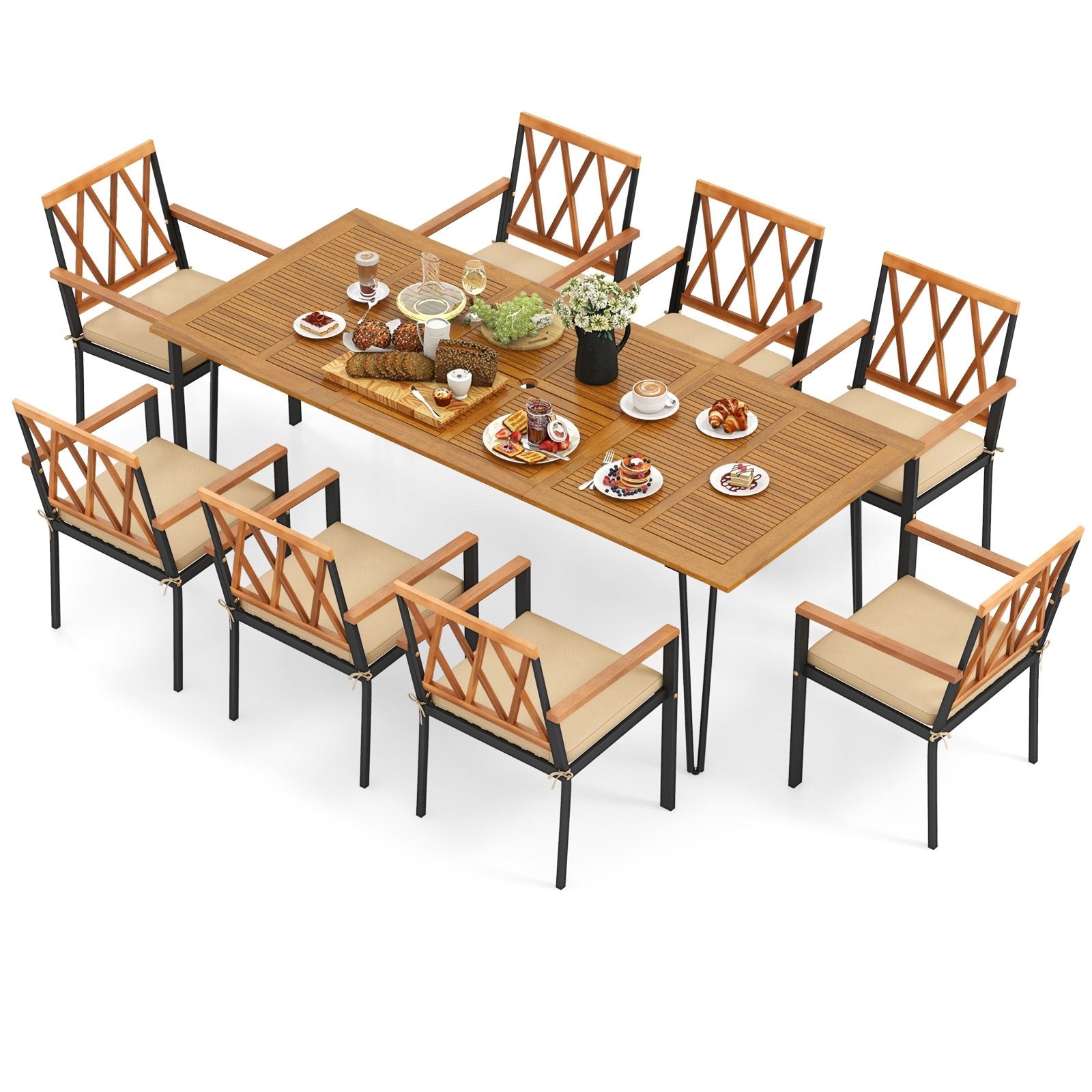 Acacia Wood Outdoor Furniture Set 9 Pieces Patio Dining Set with 8 Chairs, Natural Patio Dining Sets   at Gallery Canada