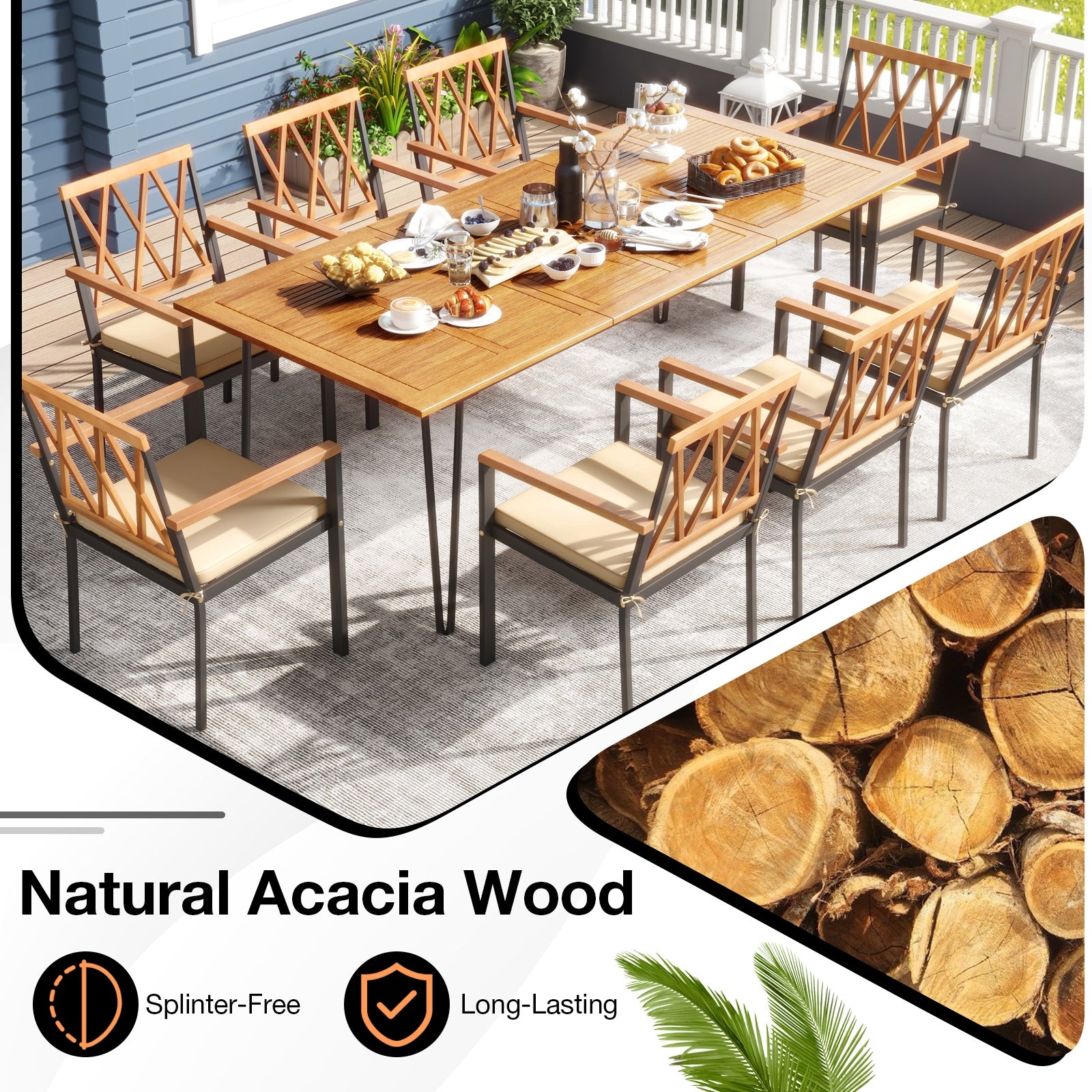 Acacia Wood Outdoor Furniture Set 9 Pieces Patio Dining Set with 8 Chairs, Natural Patio Dining Sets   at Gallery Canada