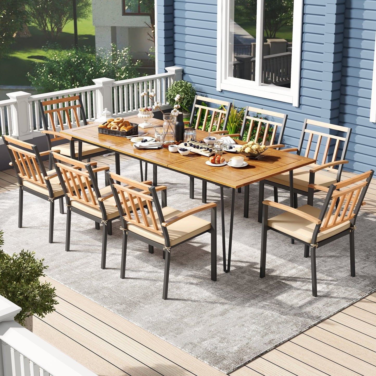 9 Pieces Patio Dining Outdoor Furniture Set with 8 Chairs and Umbrella Hole, Natural Patio Dining Sets   at Gallery Canada