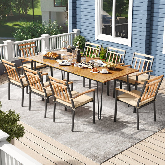 9 Pieces Patio Dining Outdoor Furniture Set with 8 Chairs and Umbrella Hole, Natural Patio Dining Sets Natural  at Gallery Canada