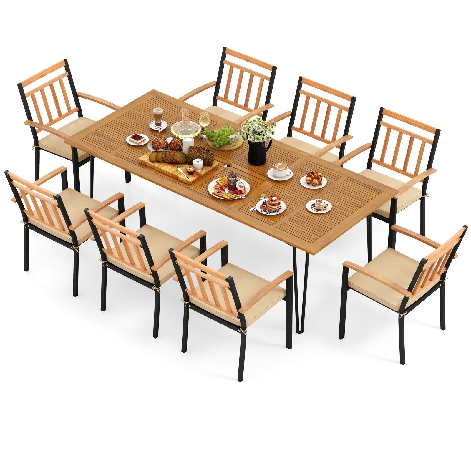 9 Pieces Patio Dining Outdoor Furniture Set with 8 Chairs and Umbrella Hole, Natural Patio Dining Sets   at Gallery Canada