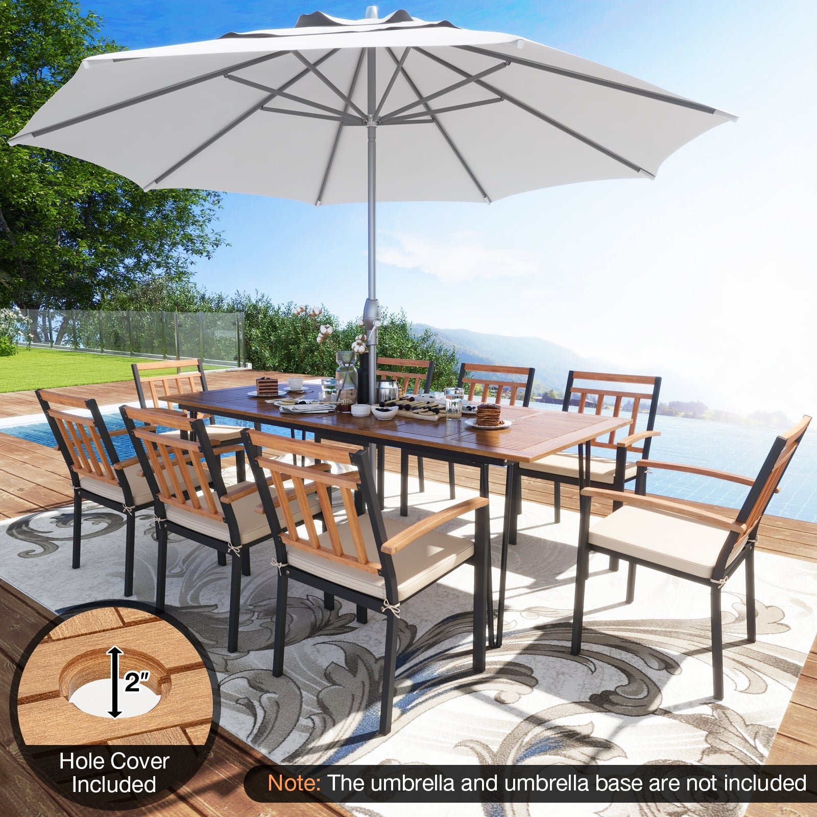 9 Pieces Patio Dining Outdoor Furniture Set with 8 Chairs and Umbrella Hole, Natural Patio Dining Sets   at Gallery Canada