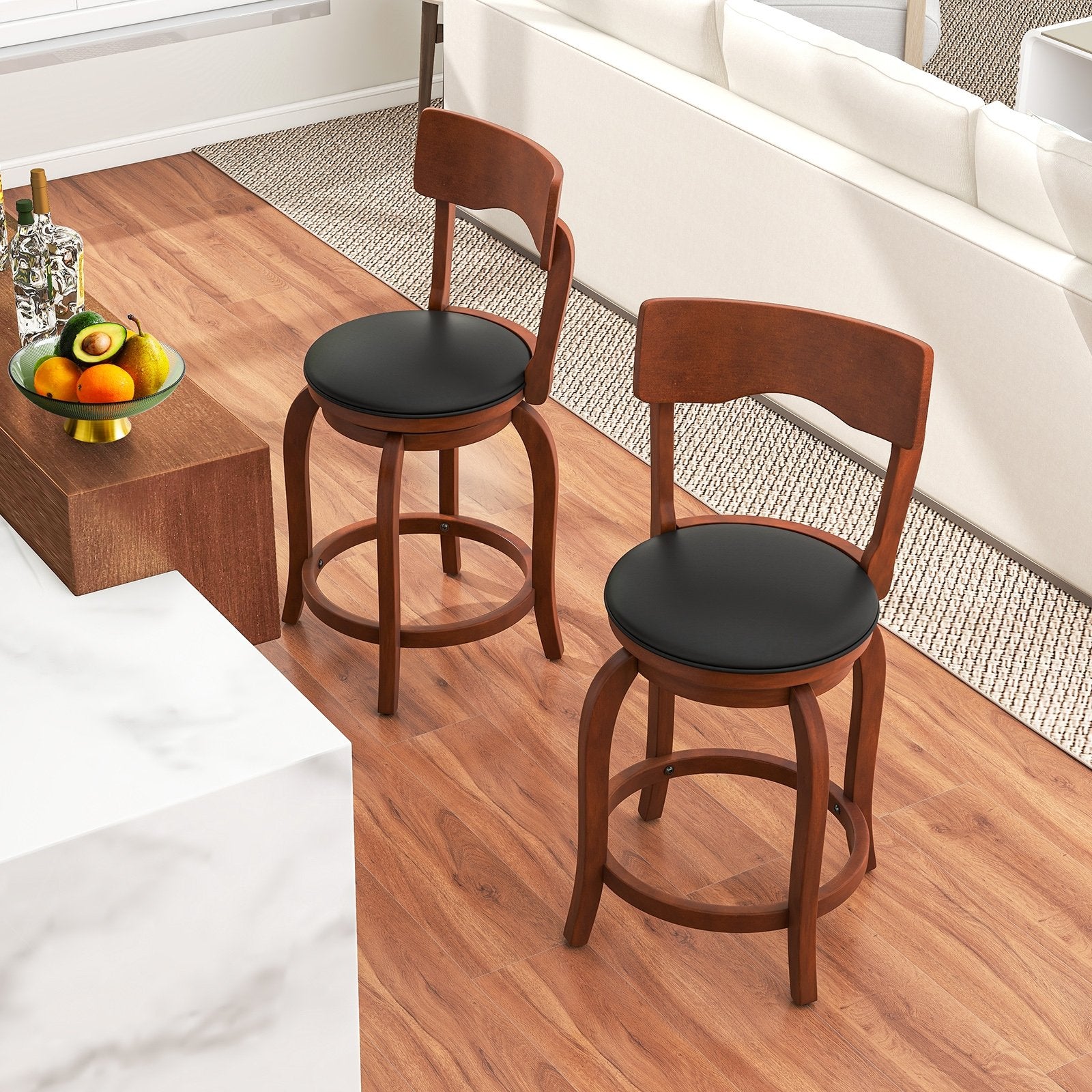 Swivel Bar Stools Set of 2 with Rubber Wood Frame and Upholstered Seat-24 Inch, Black & Brown Bar Stools   at Gallery Canada