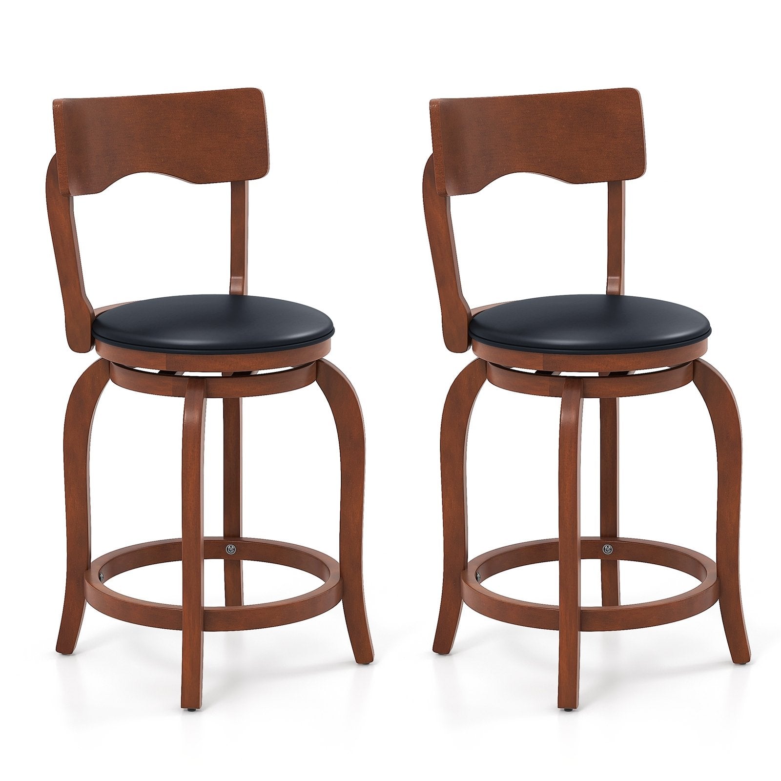 Swivel Bar Stools Set of 2 with Rubber Wood Frame and Upholstered Seat-24 Inch, Black & Brown Bar Stools Set of 2, 24 Inch - Black & Brown  at Gallery Canada