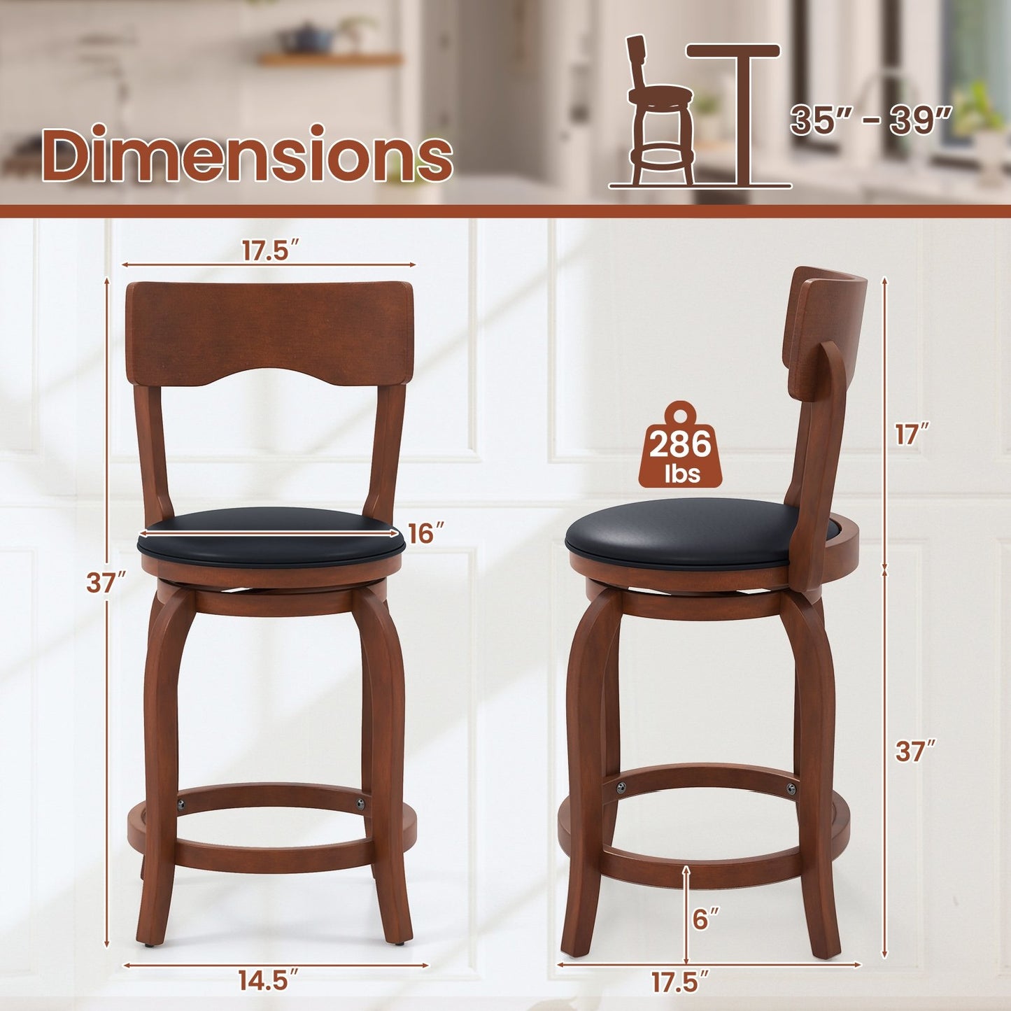 Swivel Bar Stools Set of 2 with Rubber Wood Frame and Upholstered Seat-24 Inch, Black & Brown Bar Stools   at Gallery Canada