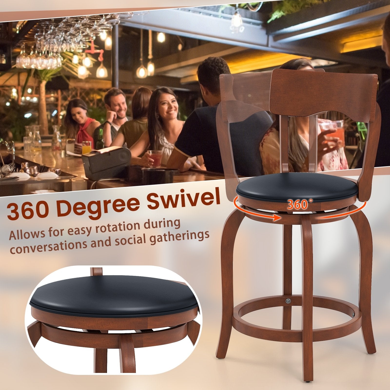 Swivel Bar Stools Set of 2 with Rubber Wood Frame and Upholstered Seat-24 Inch, Black & Brown Bar Stools   at Gallery Canada