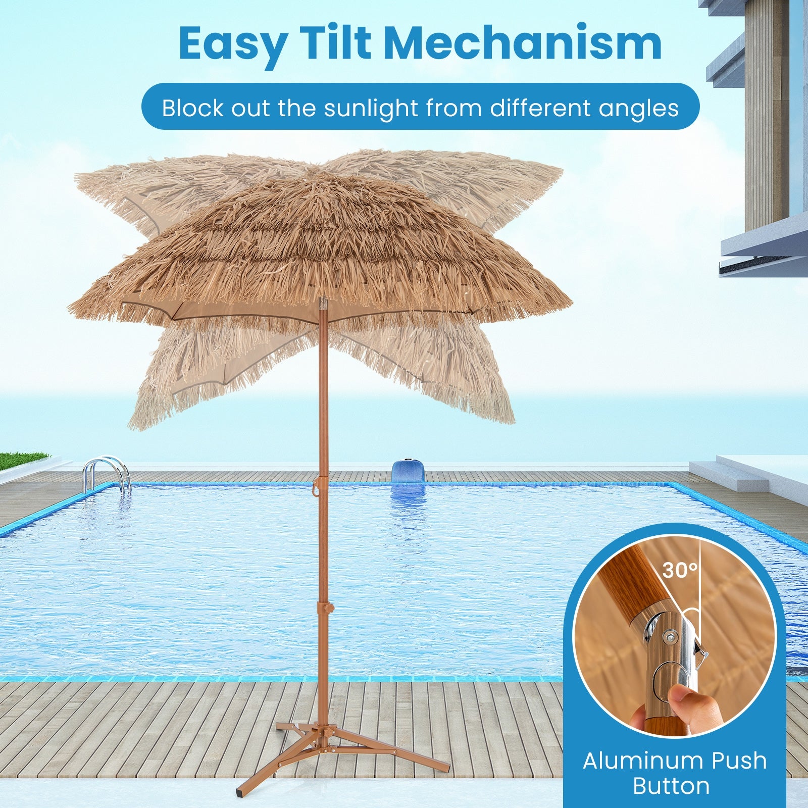 6.5 Feet Thatched Tiki Umbrella with Foldable Stand Push Button Tilt, Natural Outdoor Umbrellas   at Gallery Canada