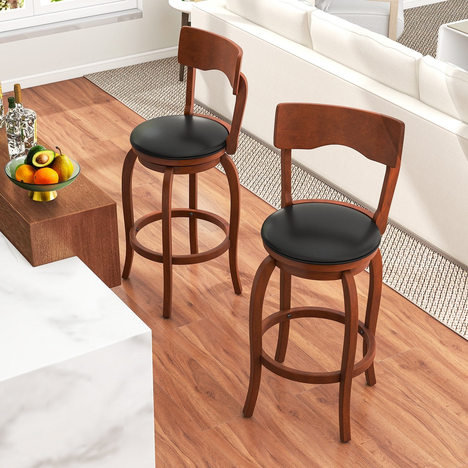 Swivel Bar Stools Set of 2 with Rubber Wood Frame and Upholstered Seat-29 Inch, Black & Brown Bar Stools   at Gallery Canada