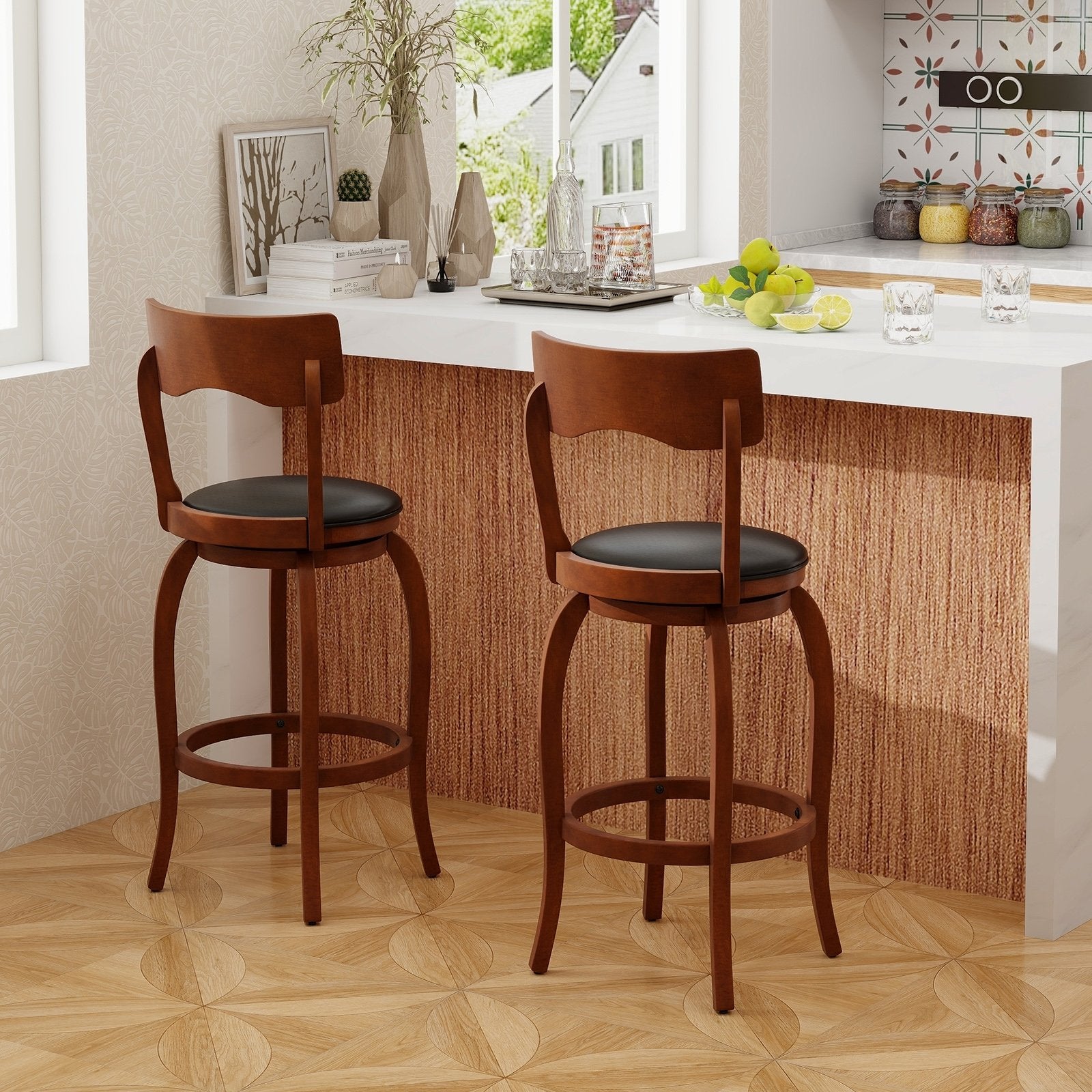 Swivel Bar Stools Set of 2 with Rubber Wood Frame and Upholstered Seat-29 Inch, Black & Brown Bar Stools   at Gallery Canada