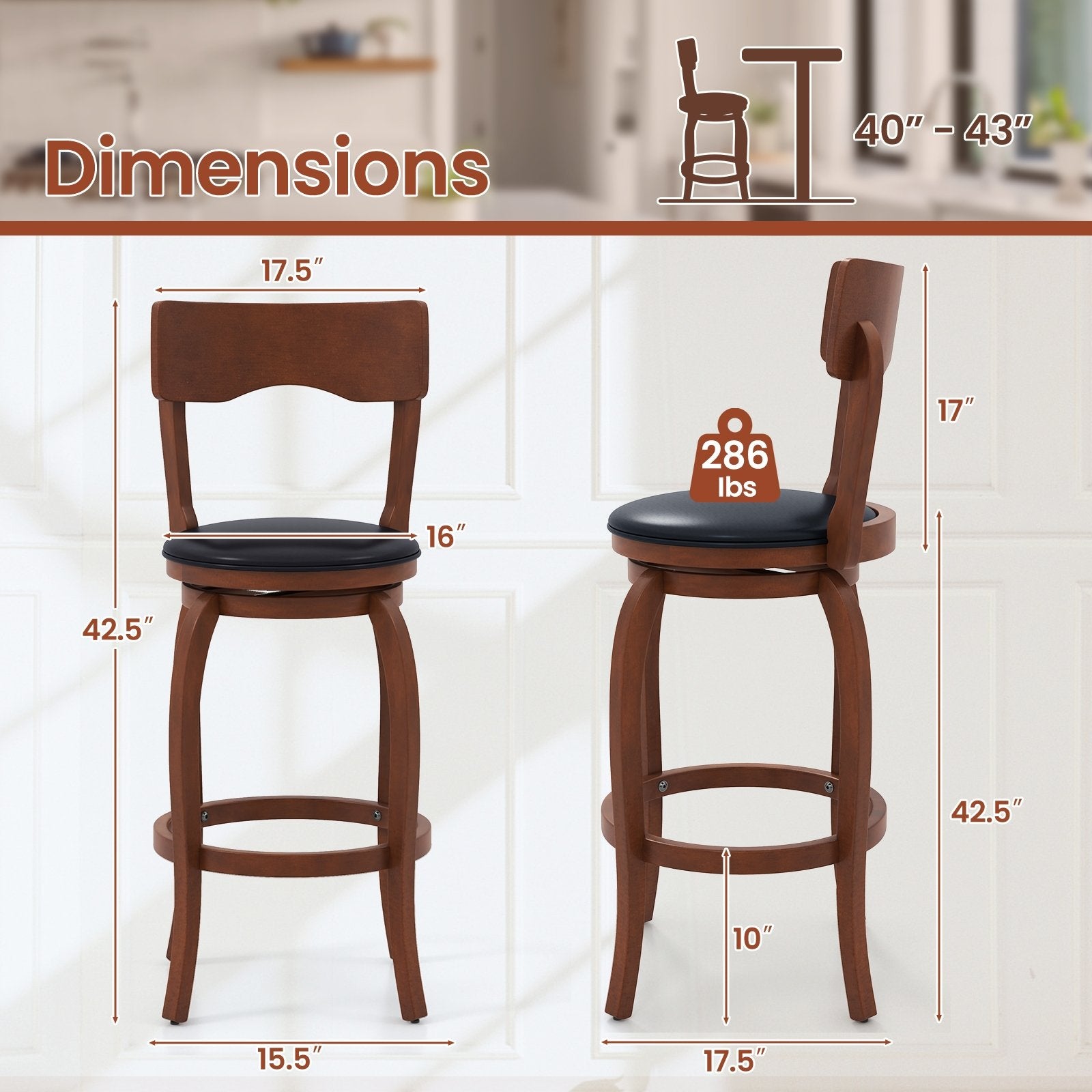 Swivel Bar Stools Set of 2 with Rubber Wood Frame and Upholstered Seat-29 Inch, Black & Brown Bar Stools   at Gallery Canada