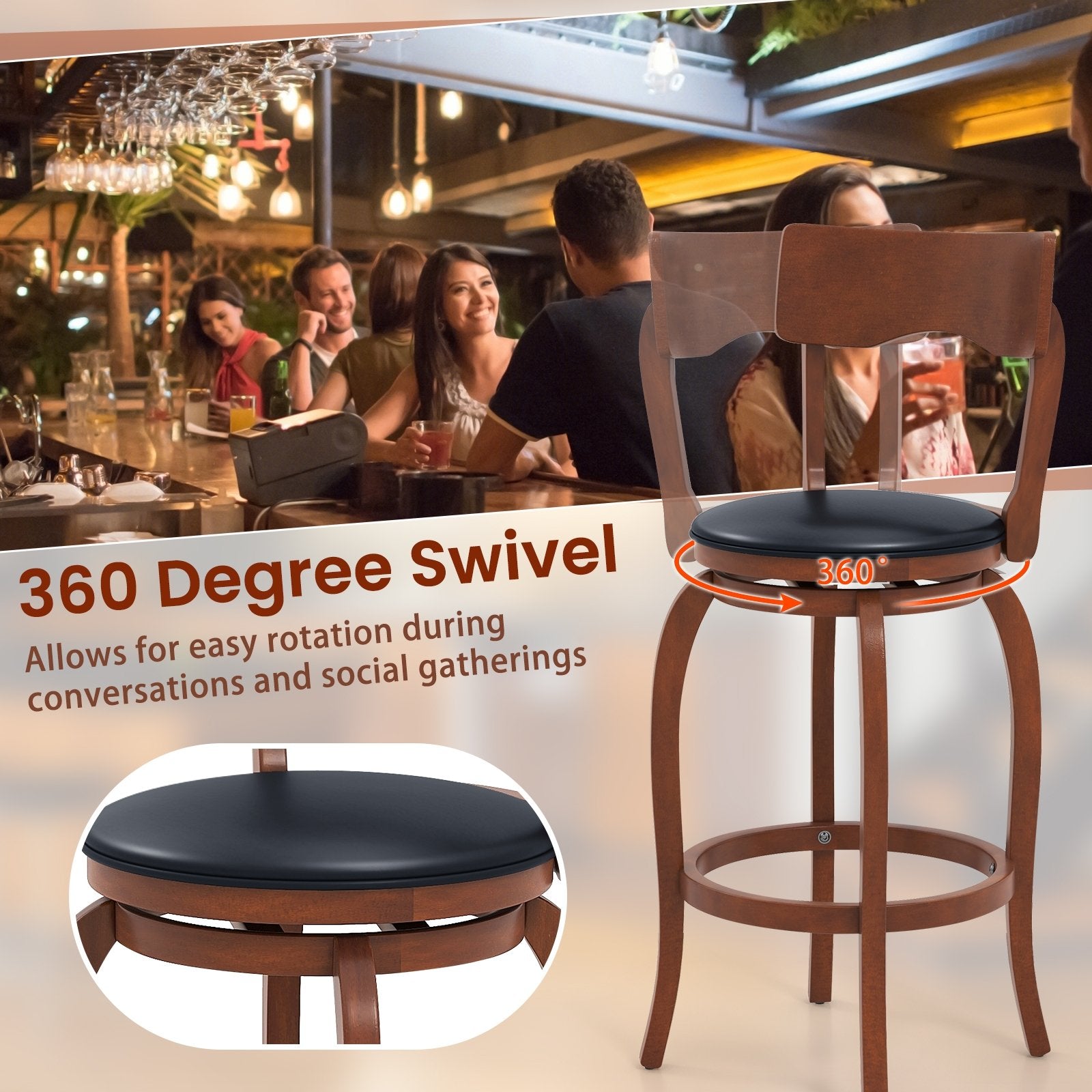 Swivel Bar Stools Set of 2 with Rubber Wood Frame and Upholstered Seat-29 Inch, Black & Brown Bar Stools   at Gallery Canada