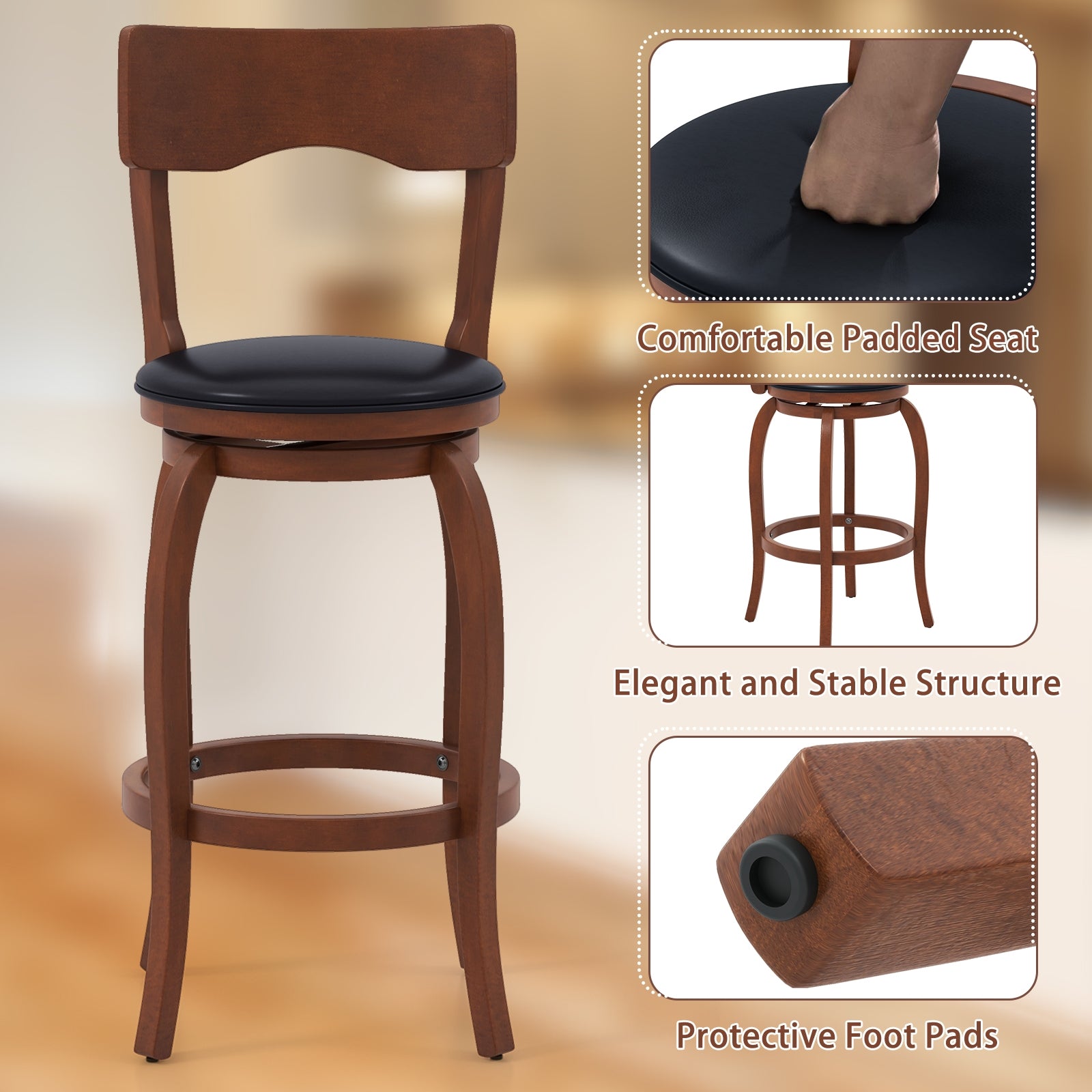 Swivel Bar Stools Set of 2 with Rubber Wood Frame and Upholstered Seat-29 Inch, Black & Brown Bar Stools   at Gallery Canada