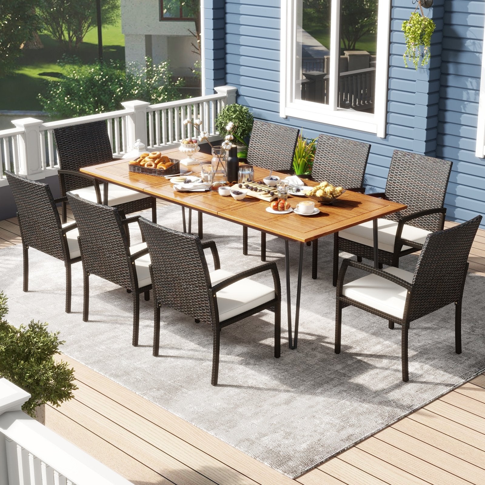 9 Pieces Outdoor Patio Dining Set with Soft Cushions and Acacia Wood Square Table Patio Dining Sets   at Gallery Canada