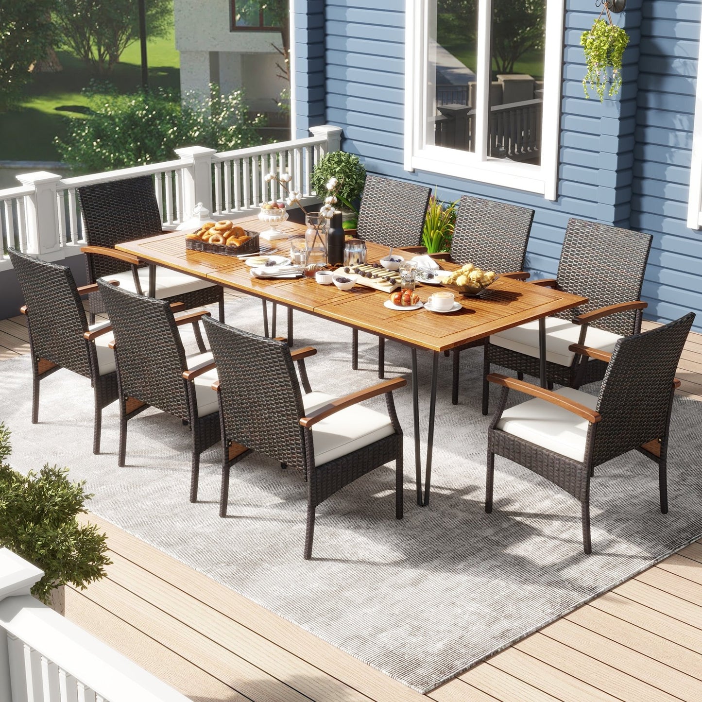 9 Pieces Outdoor Patio Dining Set with Acacia Wood Square Table and Umbrella Hole Patio Dining Sets   at Gallery Canada