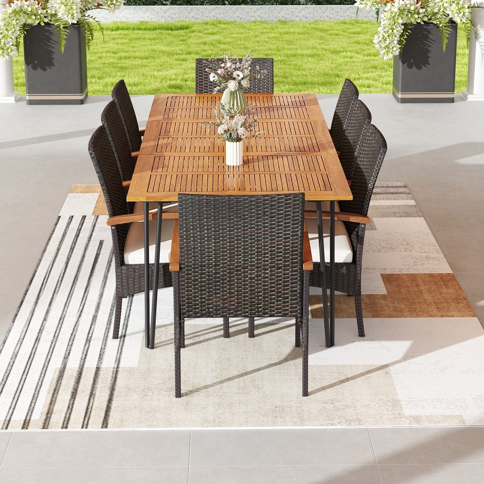 9 Pieces Outdoor Patio Dining Set with Acacia Wood Square Table and Umbrella Hole Patio Dining Sets   at Gallery Canada