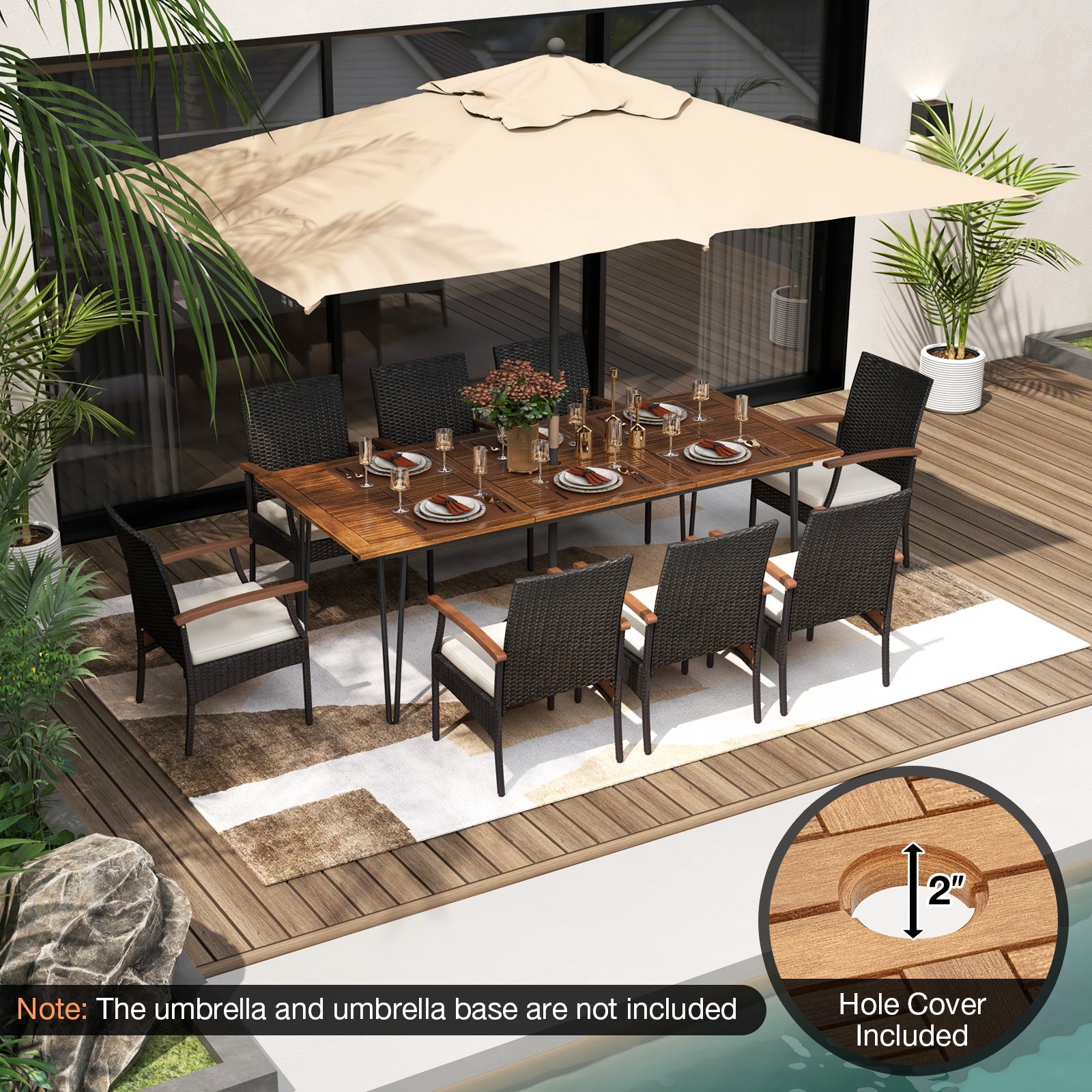 9 Pieces Outdoor Patio Dining Set with Acacia Wood Square Table and Umbrella Hole Patio Dining Sets   at Gallery Canada