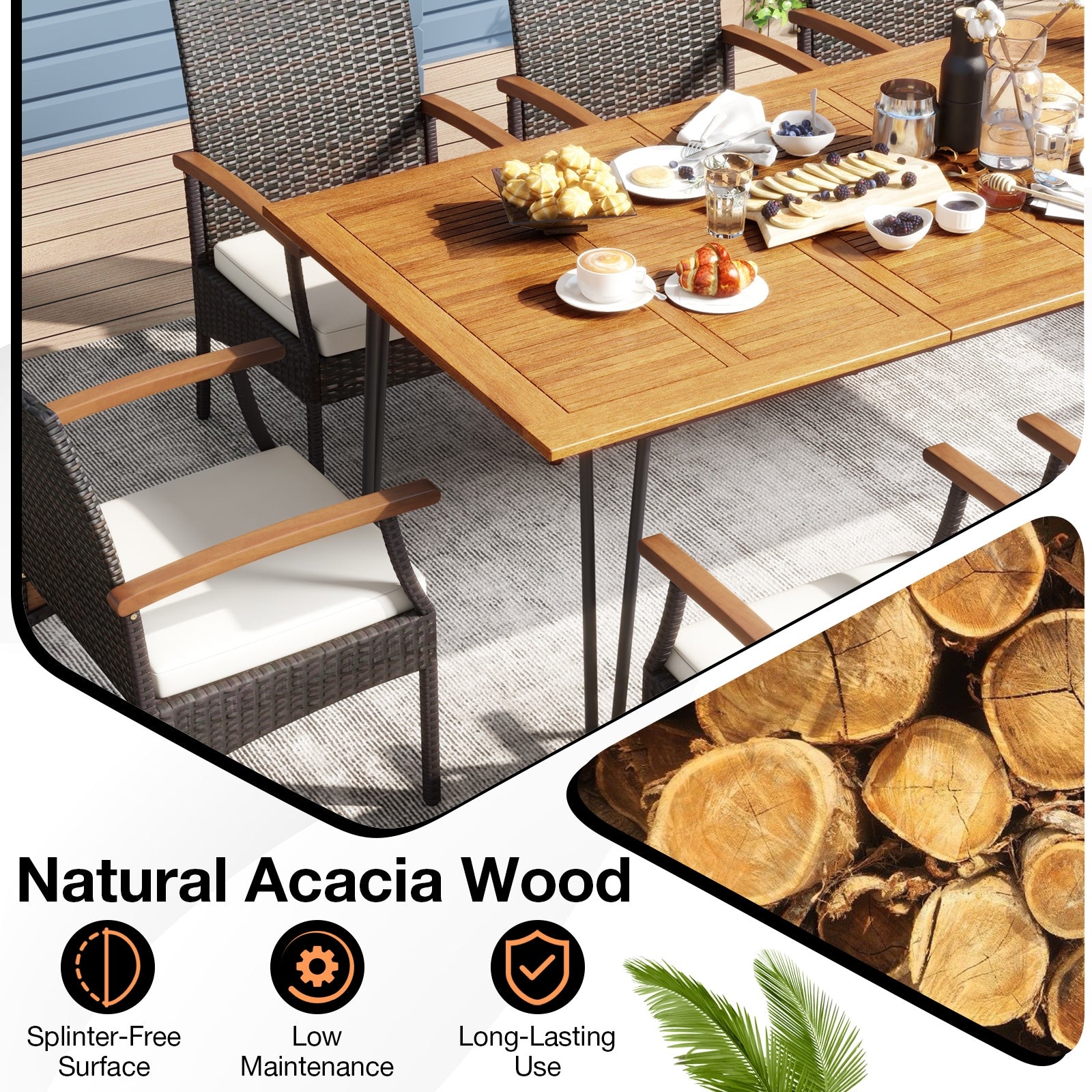 9 Pieces Outdoor Patio Dining Set with Acacia Wood Square Table and Umbrella Hole Patio Dining Sets   at Gallery Canada