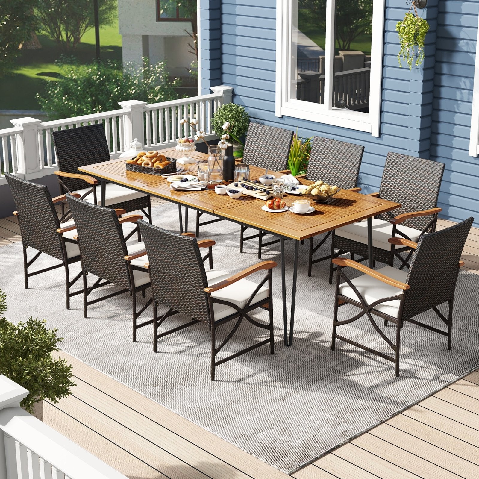 Wicker Patio Furniture Set of 8 Armchairs with Soft Cushions and Acacia Wood Square Table Patio Dining Sets   at Gallery Canada