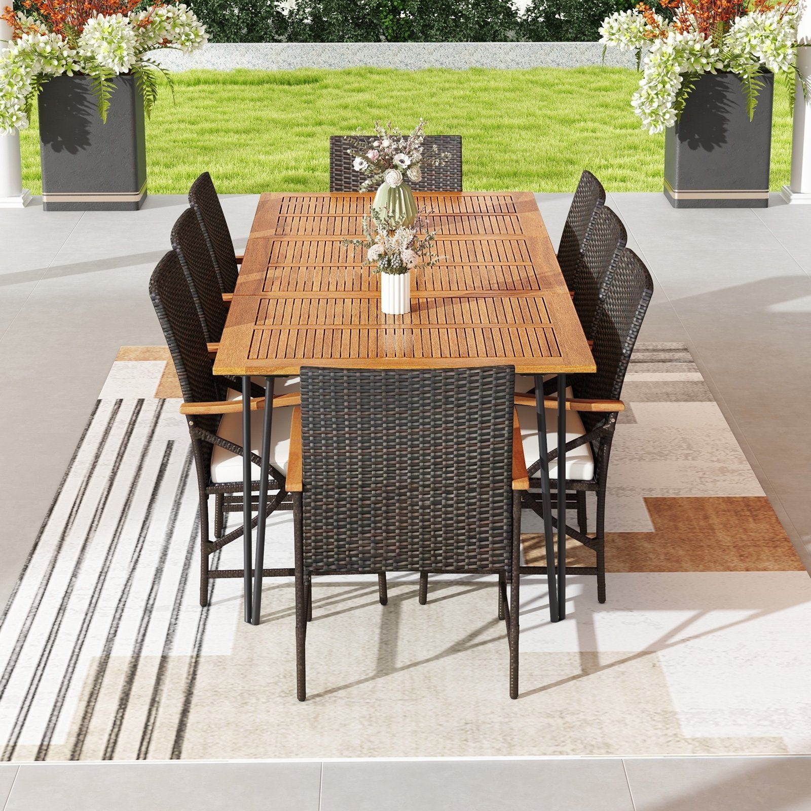 Wicker Patio Furniture Set of 8 Armchairs with Soft Cushions and Acacia Wood Square Table Patio Dining Sets   at Gallery Canada