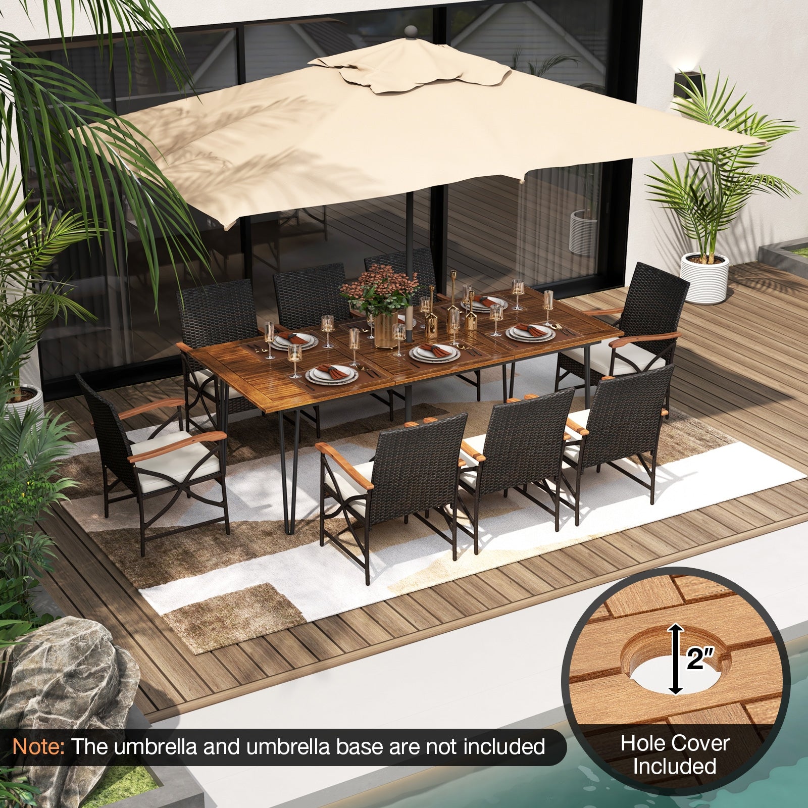 Wicker Patio Furniture Set of 8 Armchairs with Soft Cushions and Acacia Wood Square Table Patio Dining Sets   at Gallery Canada