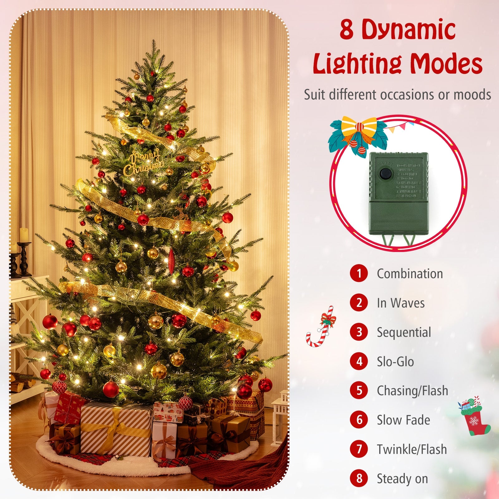 6/7/8 FT Pre-Lit Artificial Hinged Xmas Tree with 778/1480 PVC and PE Branch Tips-L, Green Christmas Tree   at Gallery Canada