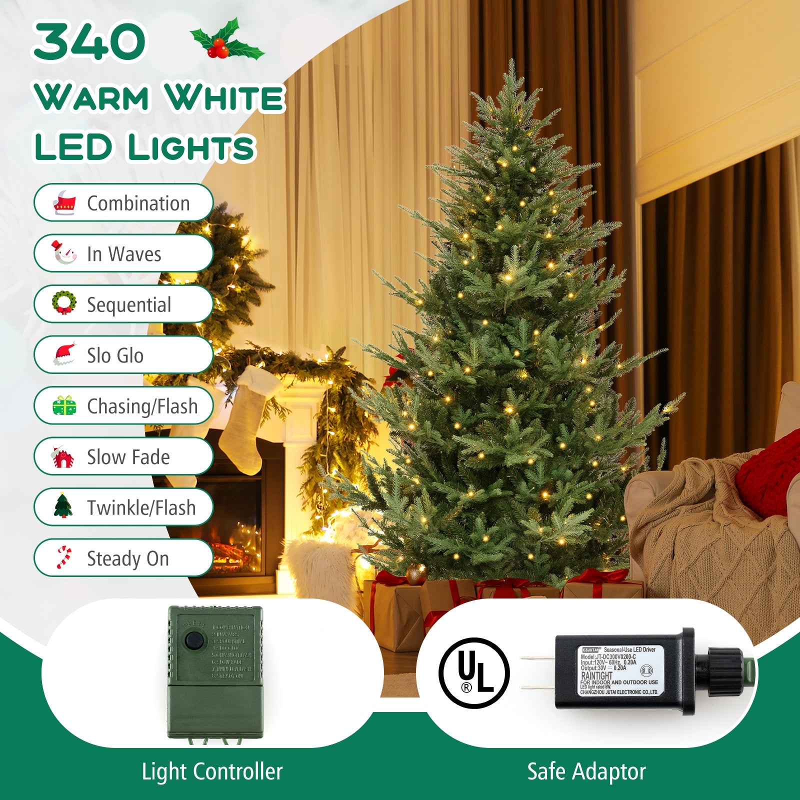 6/7/8 FT Artificial Christmas Tree with 568/830/1182 Branch Tips and 200/250/400 Warm White LED Lights-L, Green Christmas Tree   at Gallery Canada