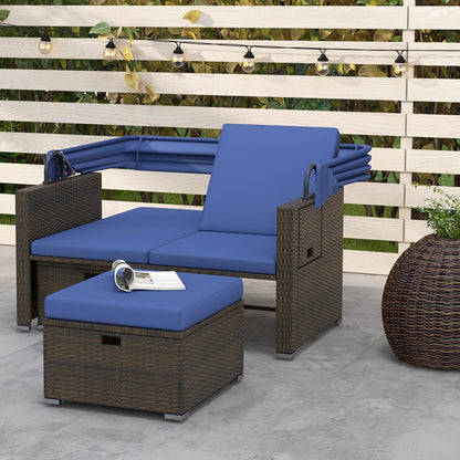 Outdoor Patio Rattan Daybed with Retractable Canopy and Adjustable Backrests, Navy Outdoor Sectionals   at Gallery Canada